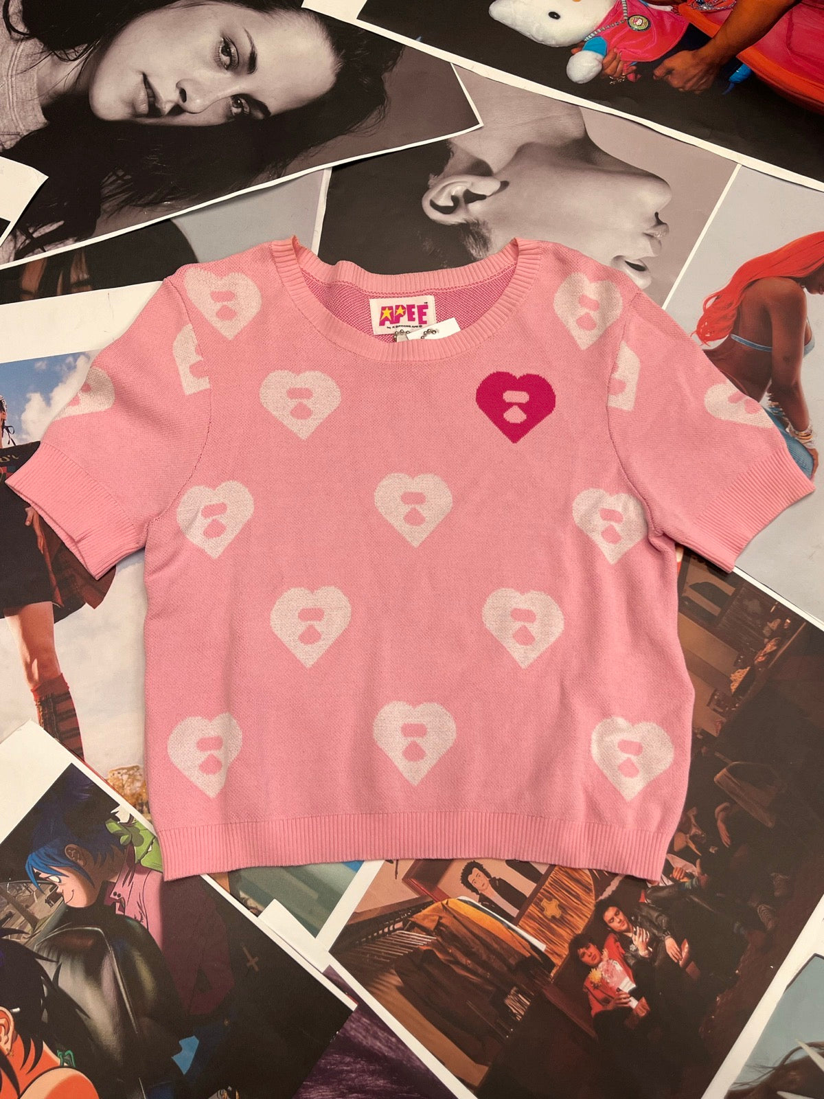 (M) APEE top z úpletu růžový s bílými srdíčky