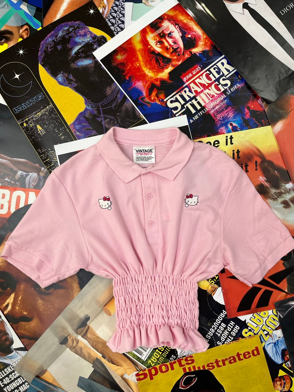 (S) Reworked polo triko růžové se žabičkováním a Hello Kitty