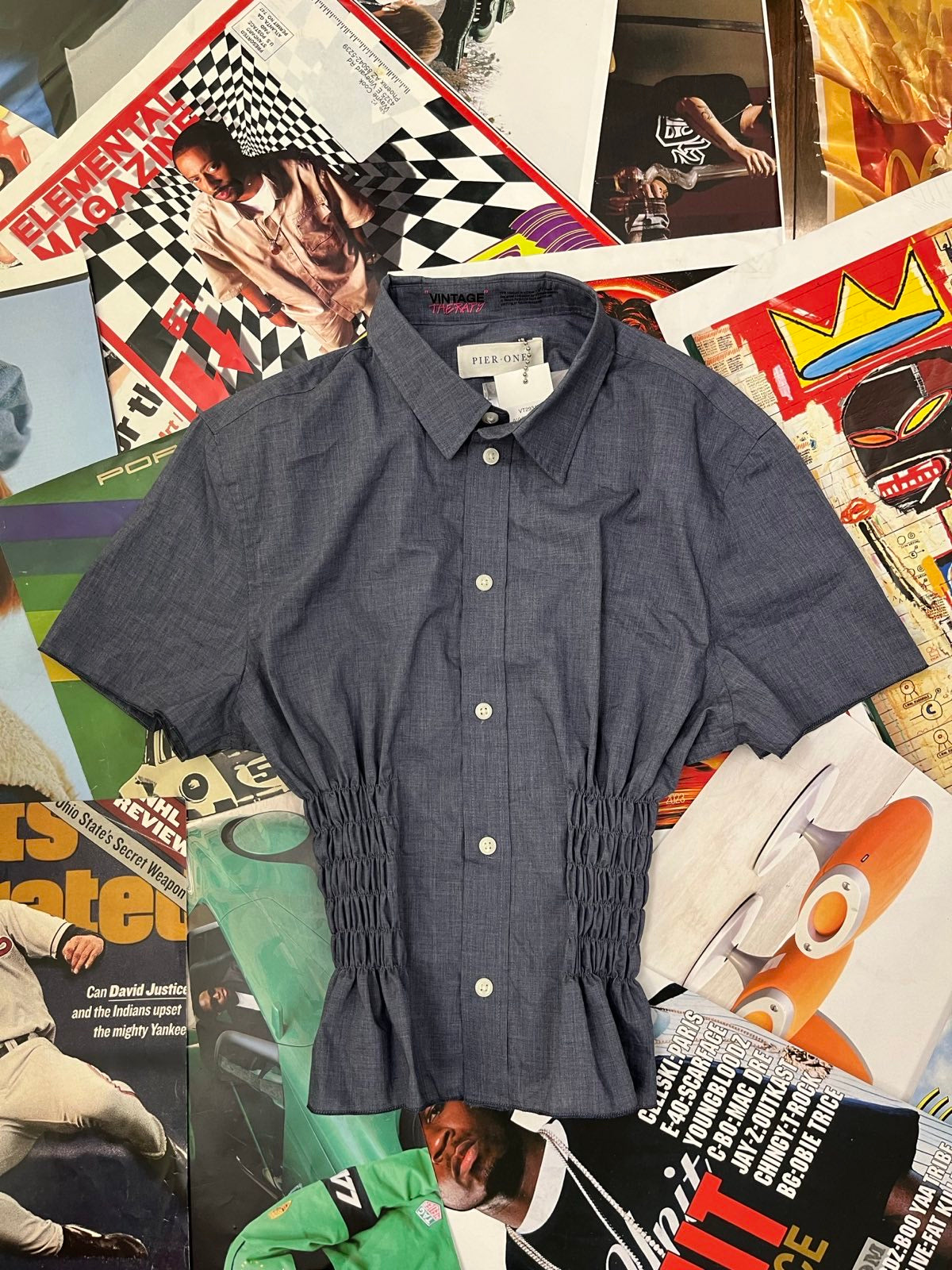 (L) Pier One Reworked TOP košilový šedomodrý