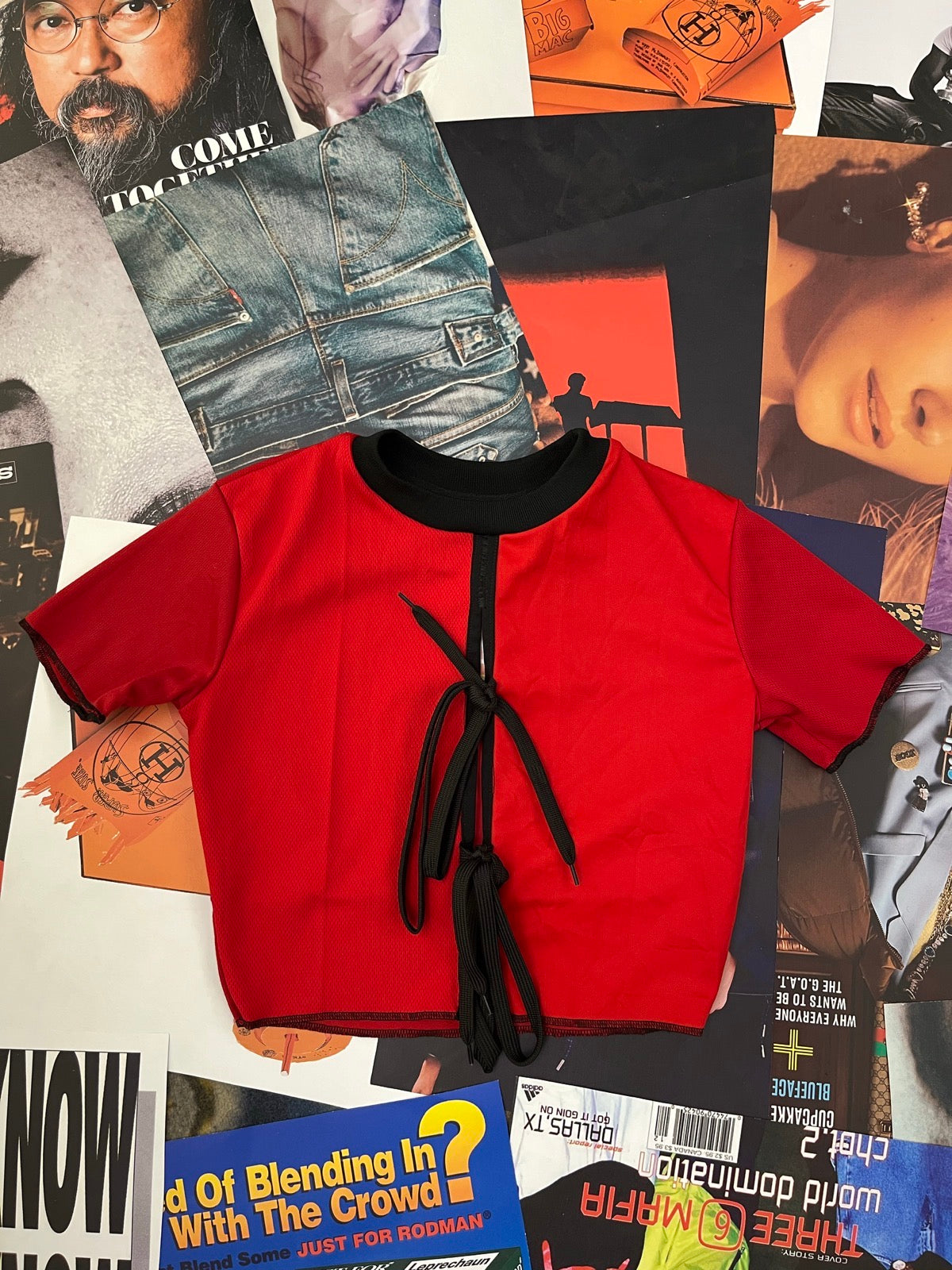 (S) Červený reworked sportovní top s černými detaily a šněrováním na předním díle