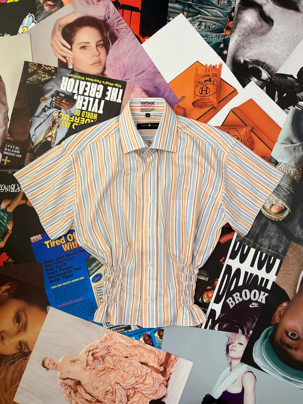 (M) Park Lane reworked bílo-oranžovo-modrá proužkovaná košile se žabičkováním, dámská