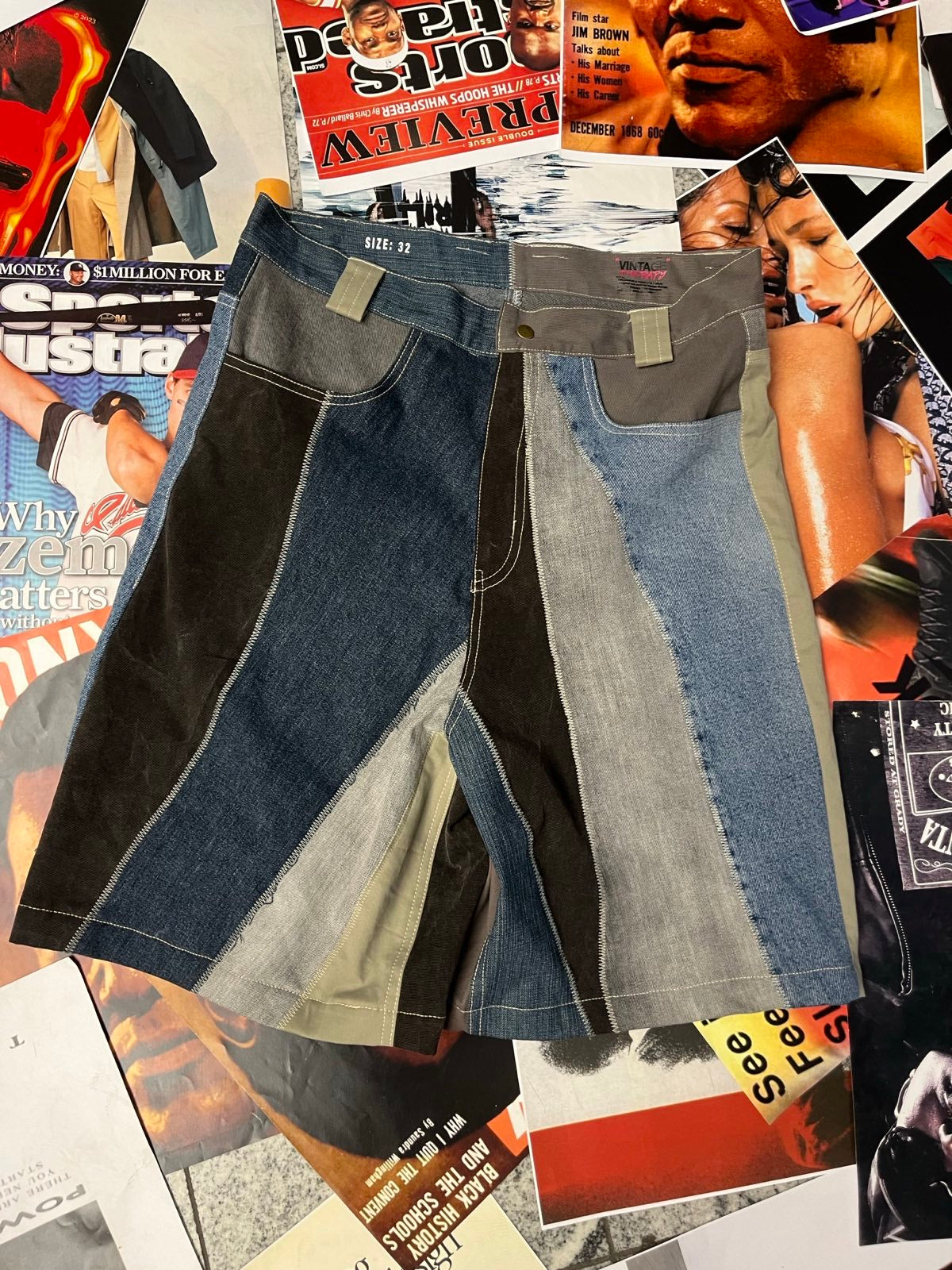 (L) Reworked KRAŤASY denim modro-šedo-béžové