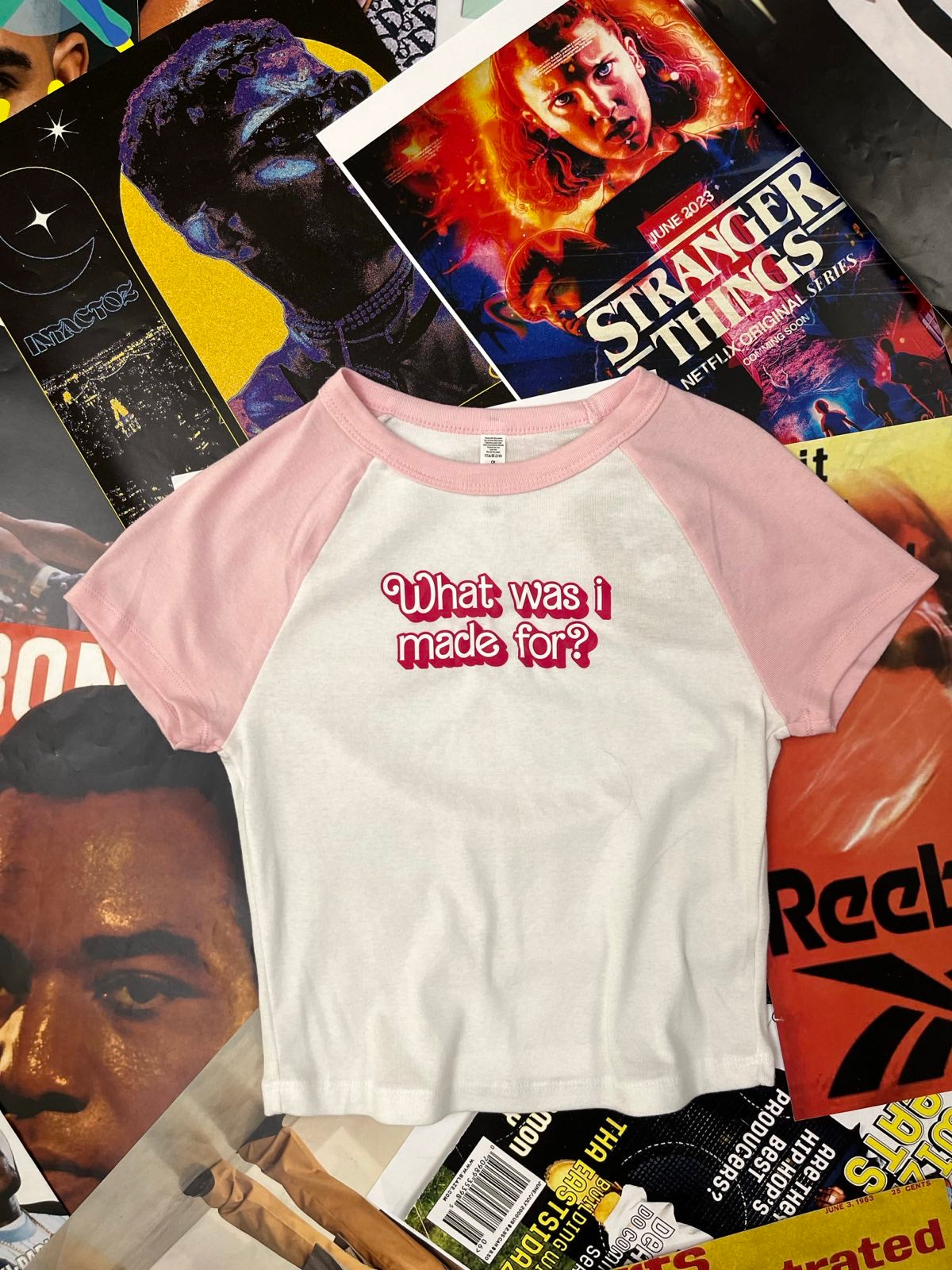 (S) 1of1 baby tee s růžovýma rukávama vetší text What was I made for