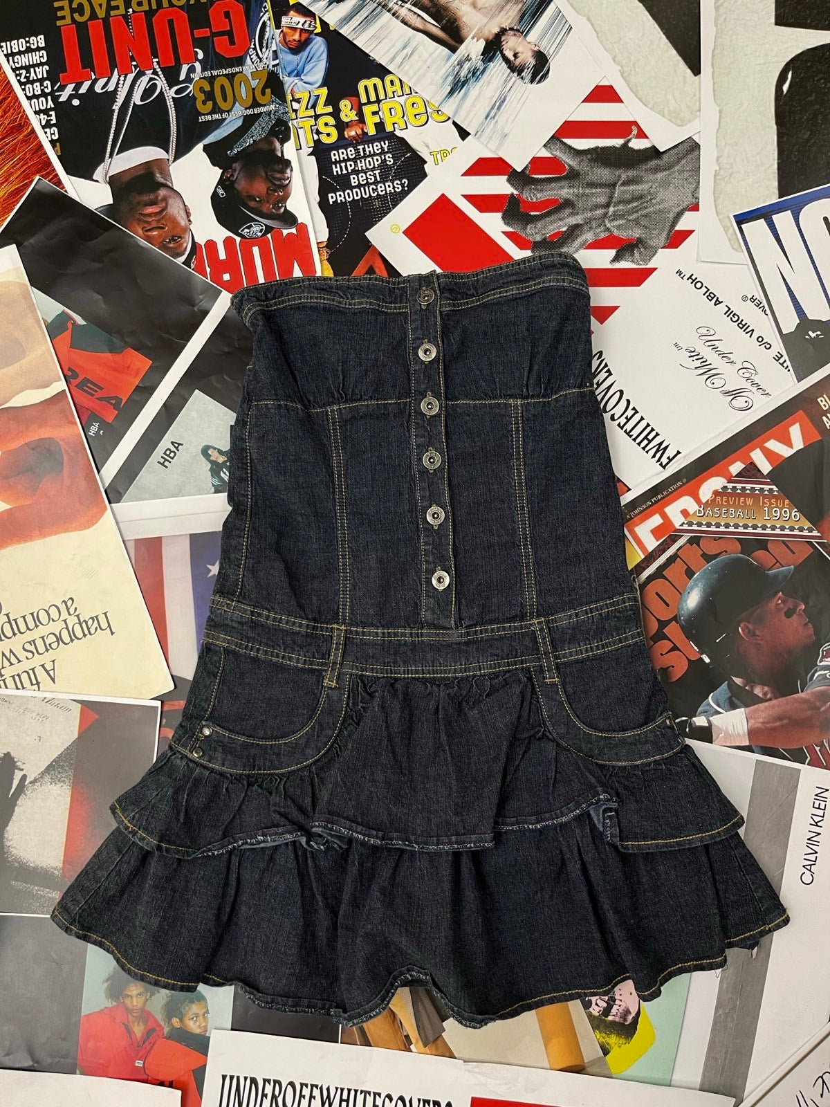 (M) Fishbone ŠATY džínové tmavý denim s volánky bez ramínek