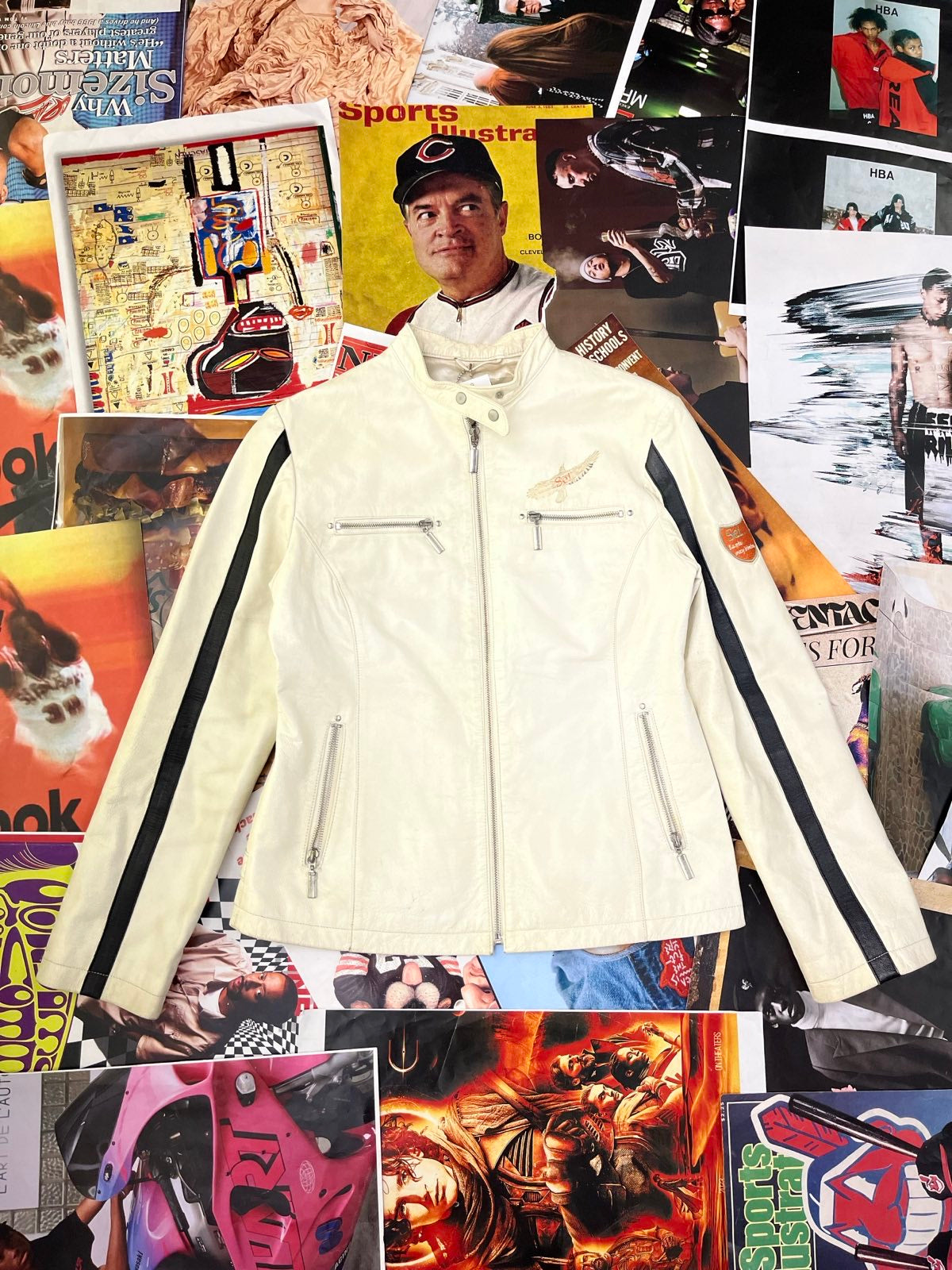 (L) KARA kožená biker bunda dámská krémová s černými pruhy na rukávech