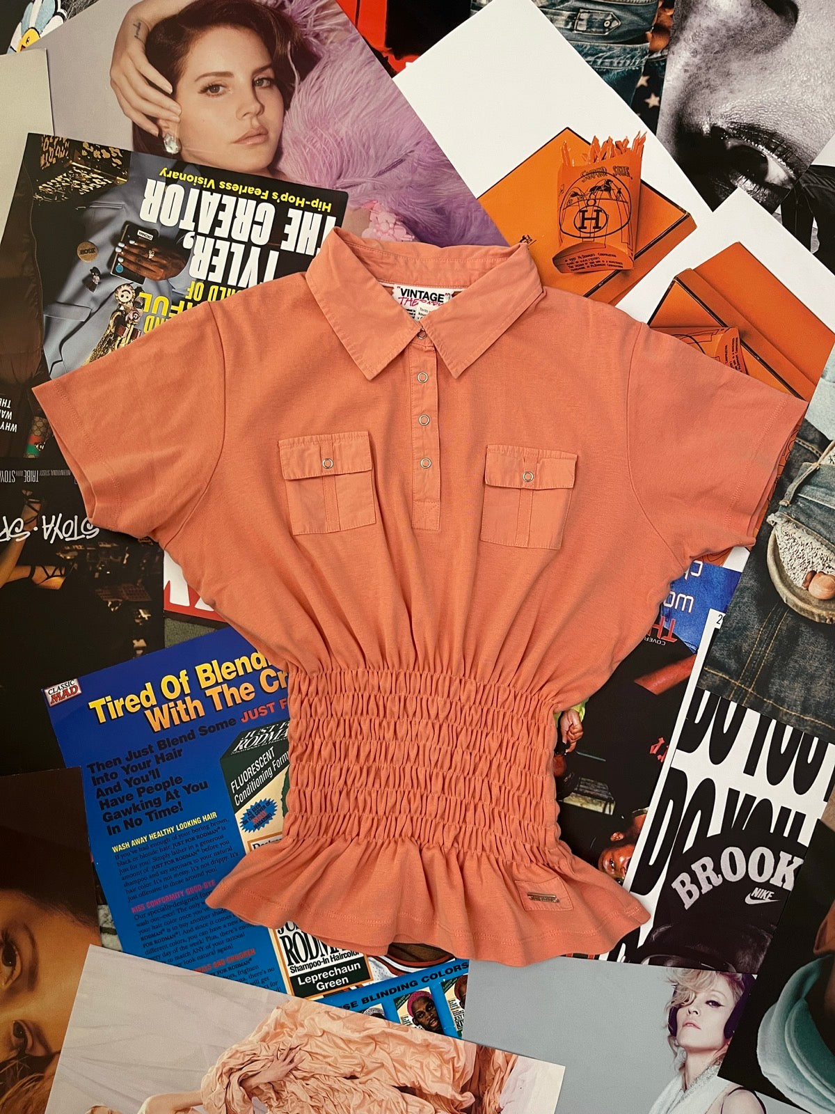 (XL) Top Secret reworked peach oranžový žabičkovaný top s mini kapsičkami na hrudi