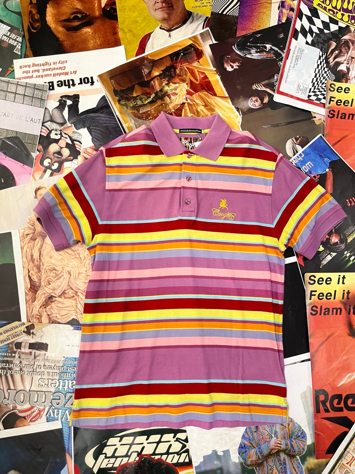 (S) COOGI polo triko pruhované fialovo červeno zeleno oranžovo červené