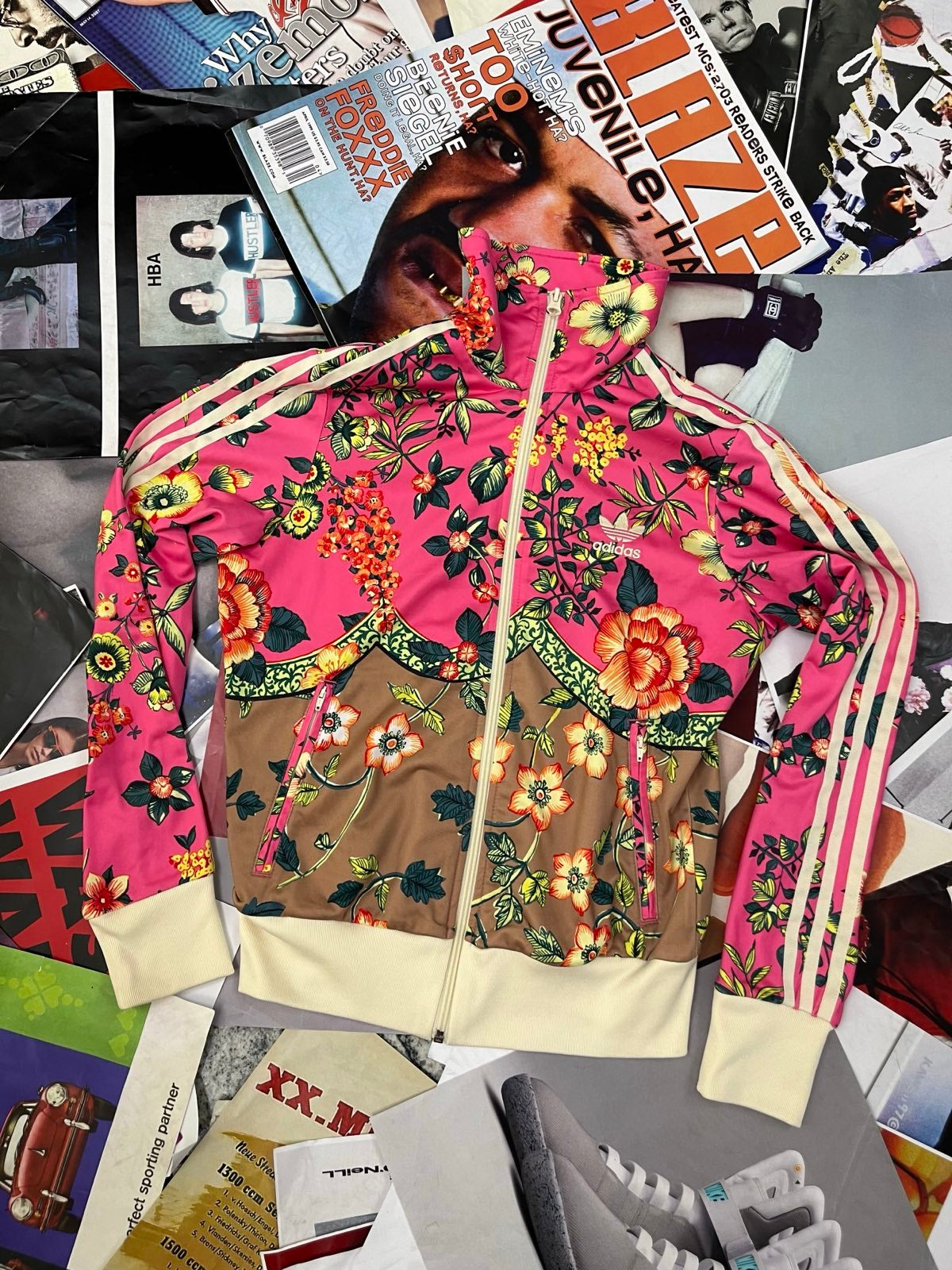 (S) Adidas MIKINA dámská růžovo-hnědá na zip s potiskem květin