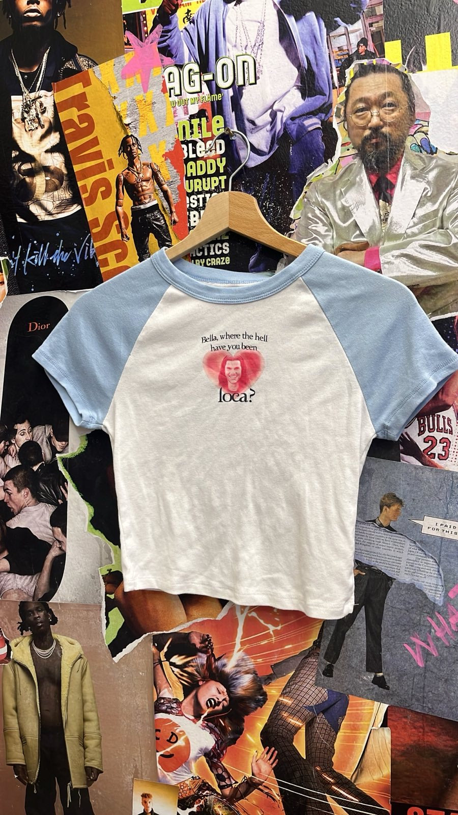 1of1 baby tee modré rukávy s potiskem Bella where the hell have you been?