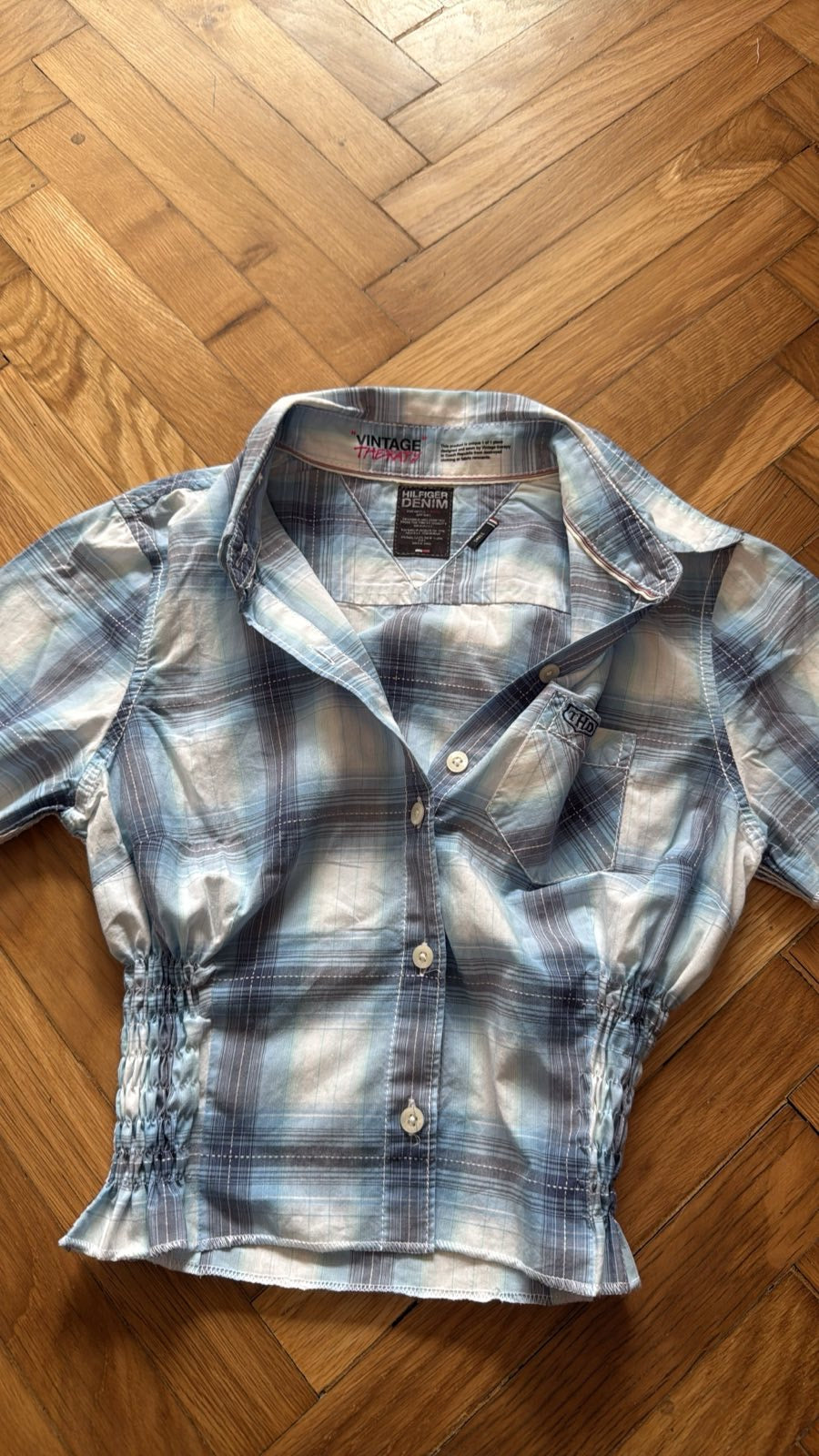 Reworked TOP košilový Hilfiger Denim, modro bílý kostkovaný s nařasením na bocích S