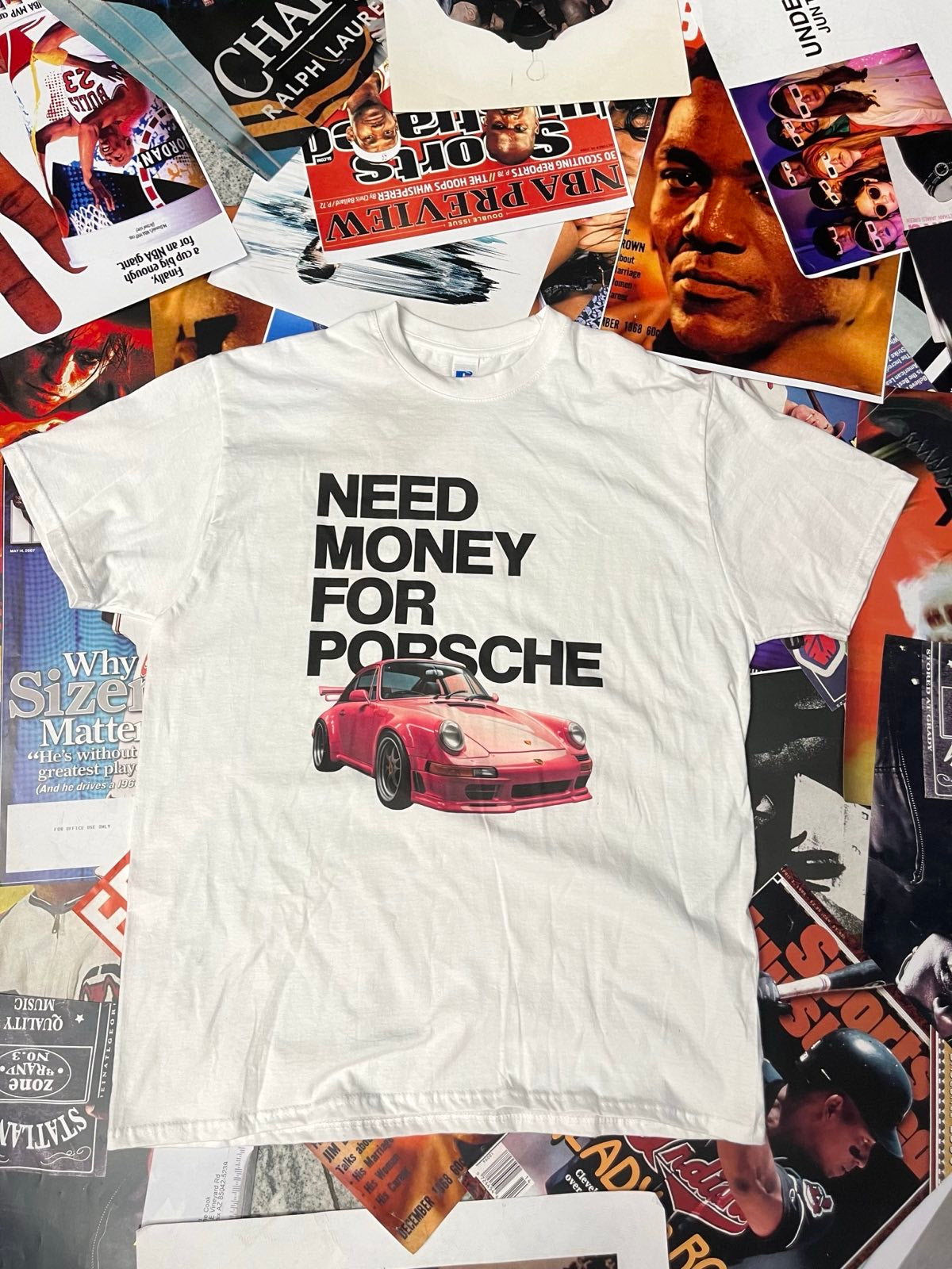 BOOTLEG triko bílé nápis Need money for Porsche a růžové Porsche