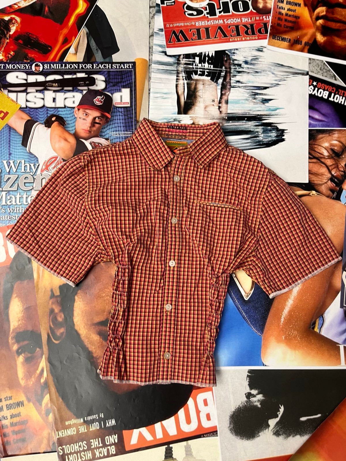 Reworked TOP s žabičkováním Scotch Shrunk červeno-oranžovo-hnědý kostičkovaný