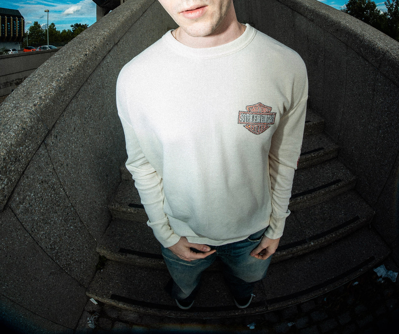 (M) 1of1 TRIKO WAFFLE OFFWHITE S DLOUHÝM RUKÁVEM Harley Davidson rhinestones