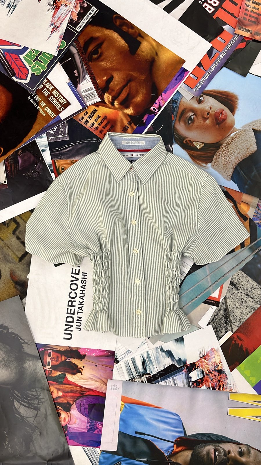 Reworked top Tommy Hlfiger bílo zelený pruhovaný s žabičkováním S