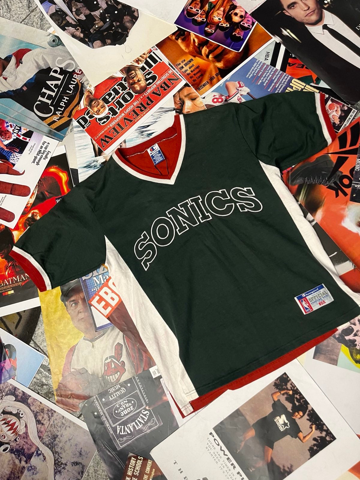 Champion x NBA Sonics TRIKO hrubší z přední strany tmavě zelené s výšivkou Sonics z druhé vínové M