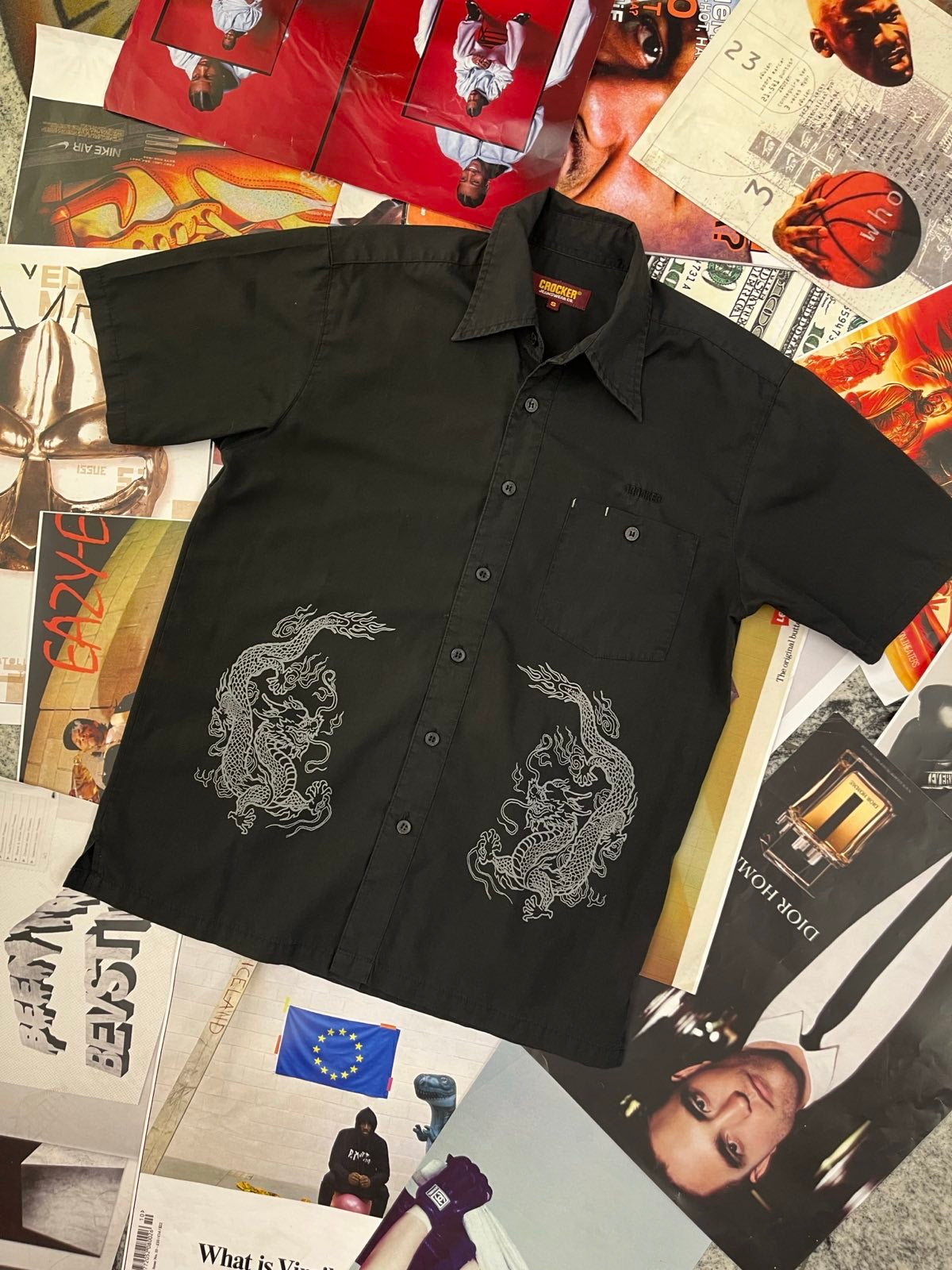 Crocker Jeanswear KOŠILE s krátkým rukávem pánská černá s šedými potisky draků S