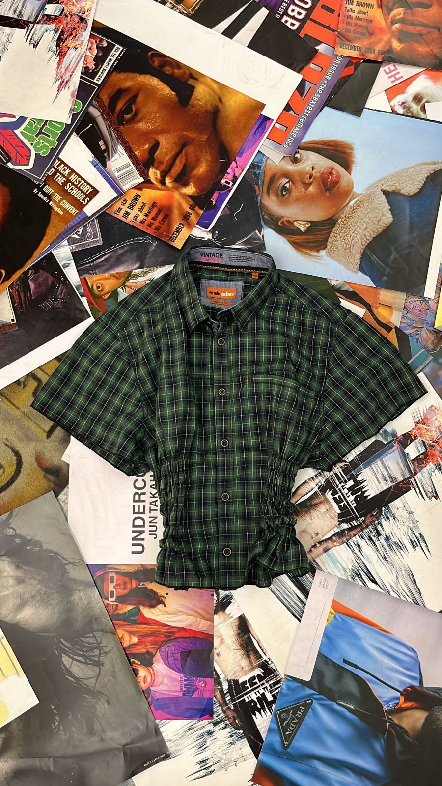 Reworked top Emilio Adani zelený kostičkovaný s žabičkováním S