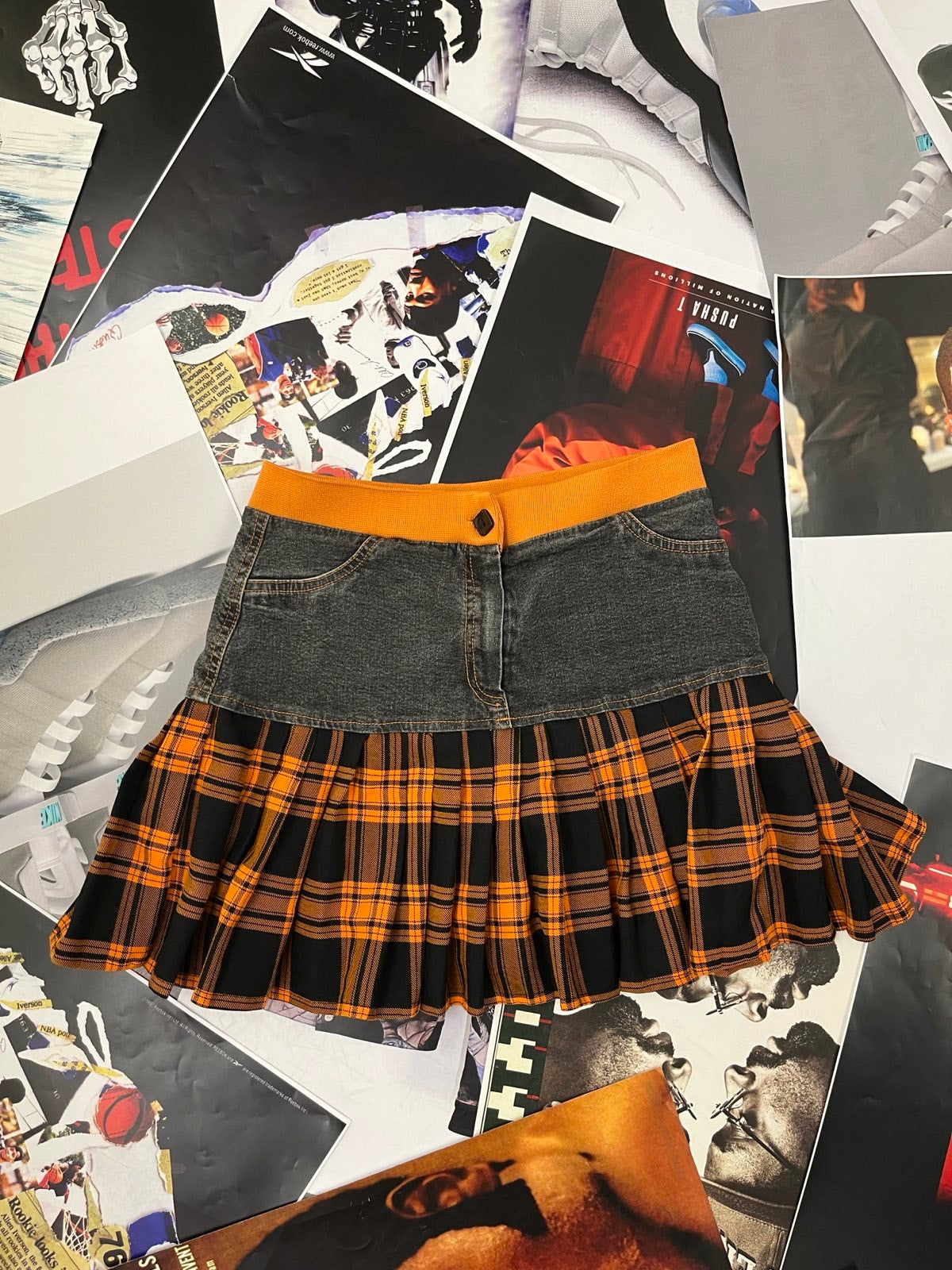 Promod MINI SUKNĚ oranžovo-černá károvaná a světle šedý denim M