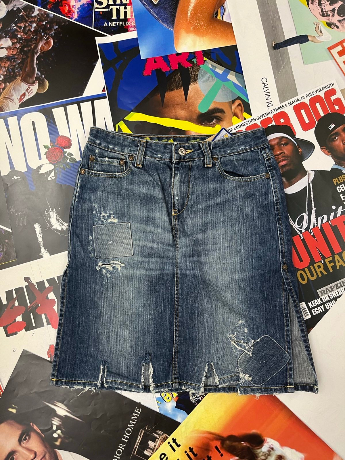 (S) Retro Jeans SUKNĚ džínová delší, dole roztrhaná