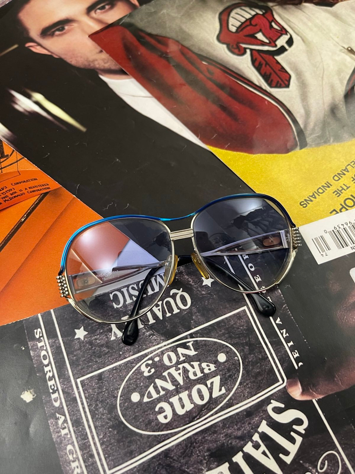 Yves Saint Laurent sluneční brýle pilotky modrá skla, stříbrno modré obroučky