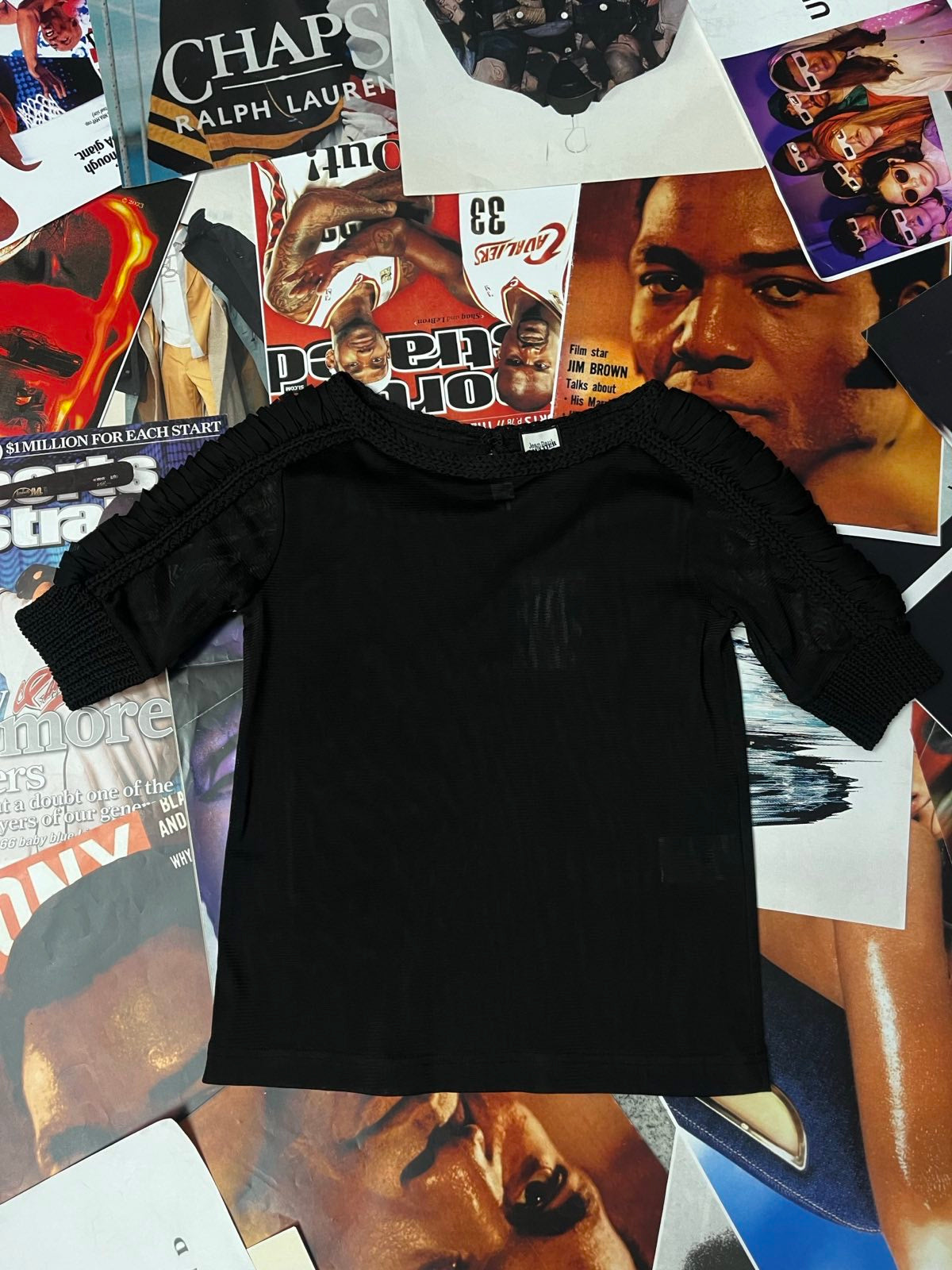 Jean Paul Gaultier MESH TOP černý dámský s řasením na rukávu M