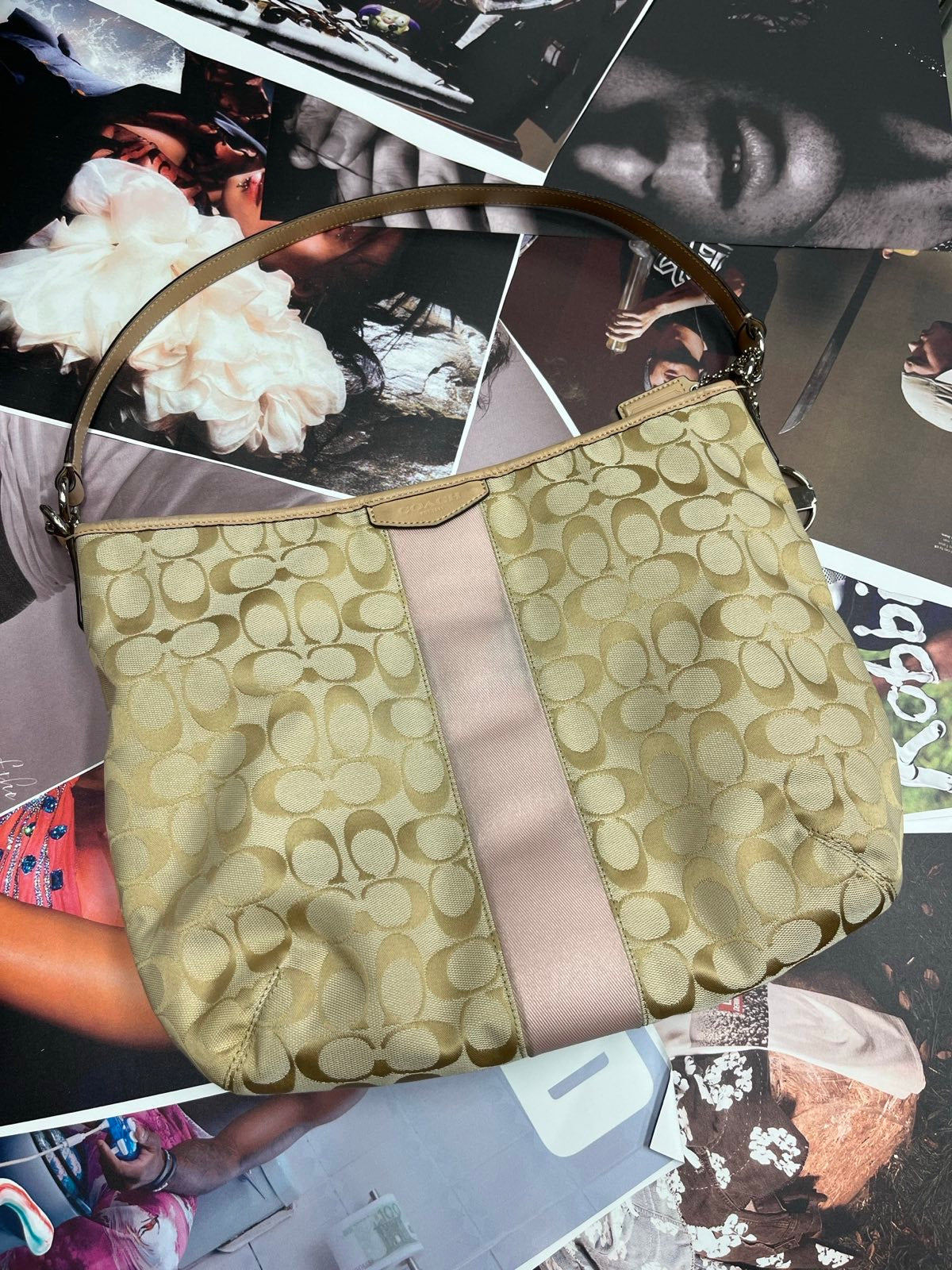 COACH kabelka světle béžová velká se světle růžovým pruhem uprostřed