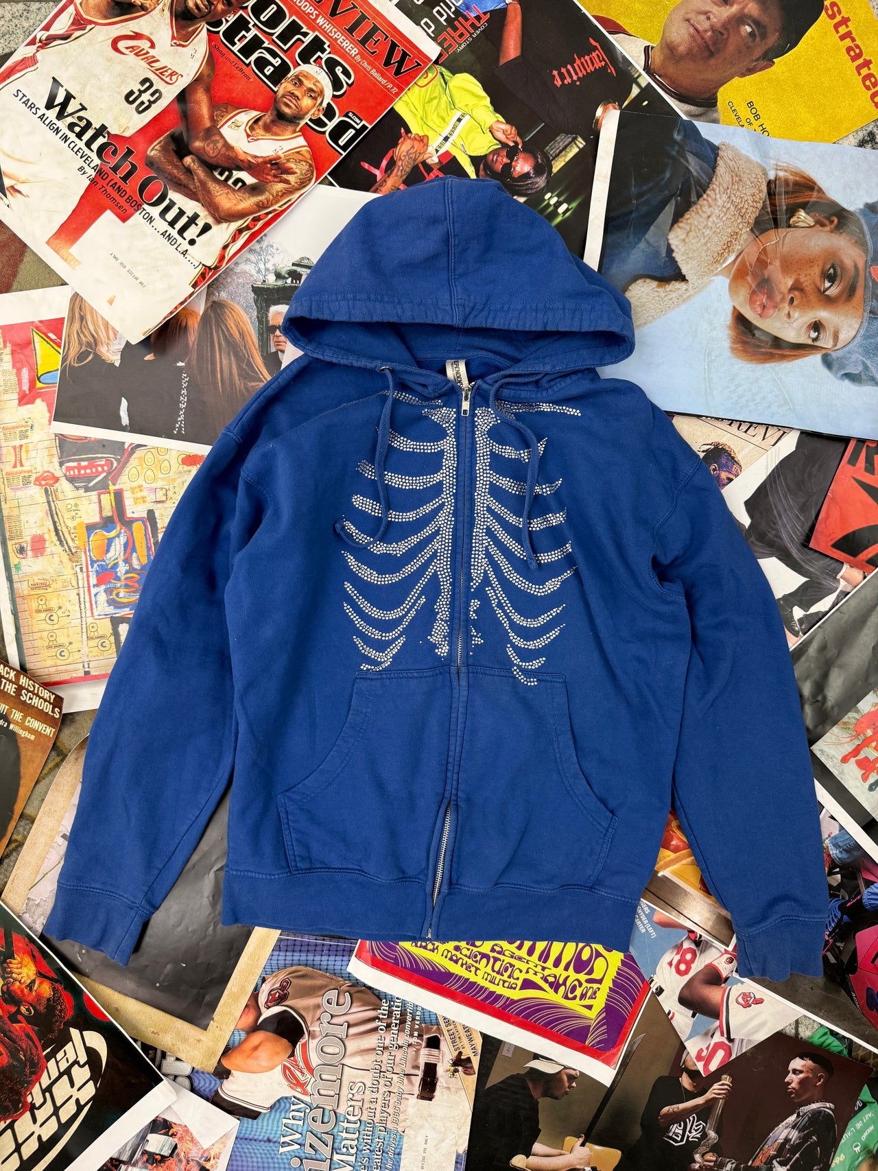 (M) Independent modrá mikina na zip hrudní koš z rhinestones
