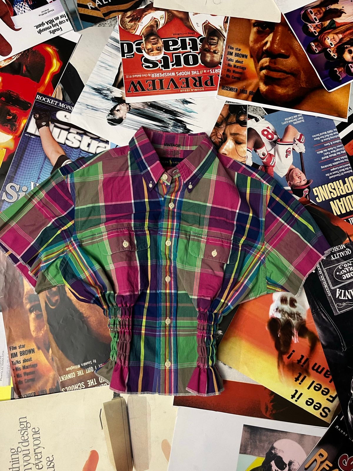 Reworked TOP s žabičkováním Ralph Lauren růžovo-modro-fialovo-zelený kostičkovaný XL