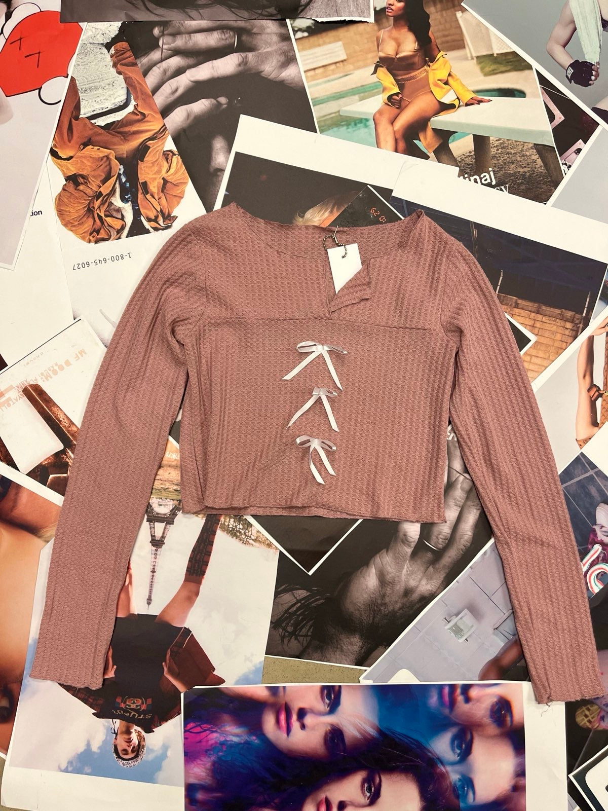 (M) Růžový top s dlouhým rukávem a mašličkami