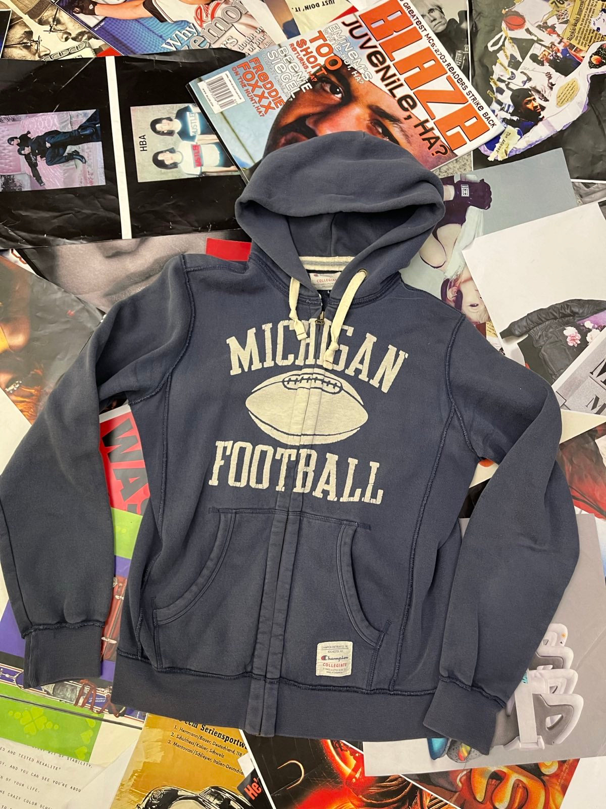 (L) Champion MIKINA pánská modrá s kapucí, nápis Michigan Football