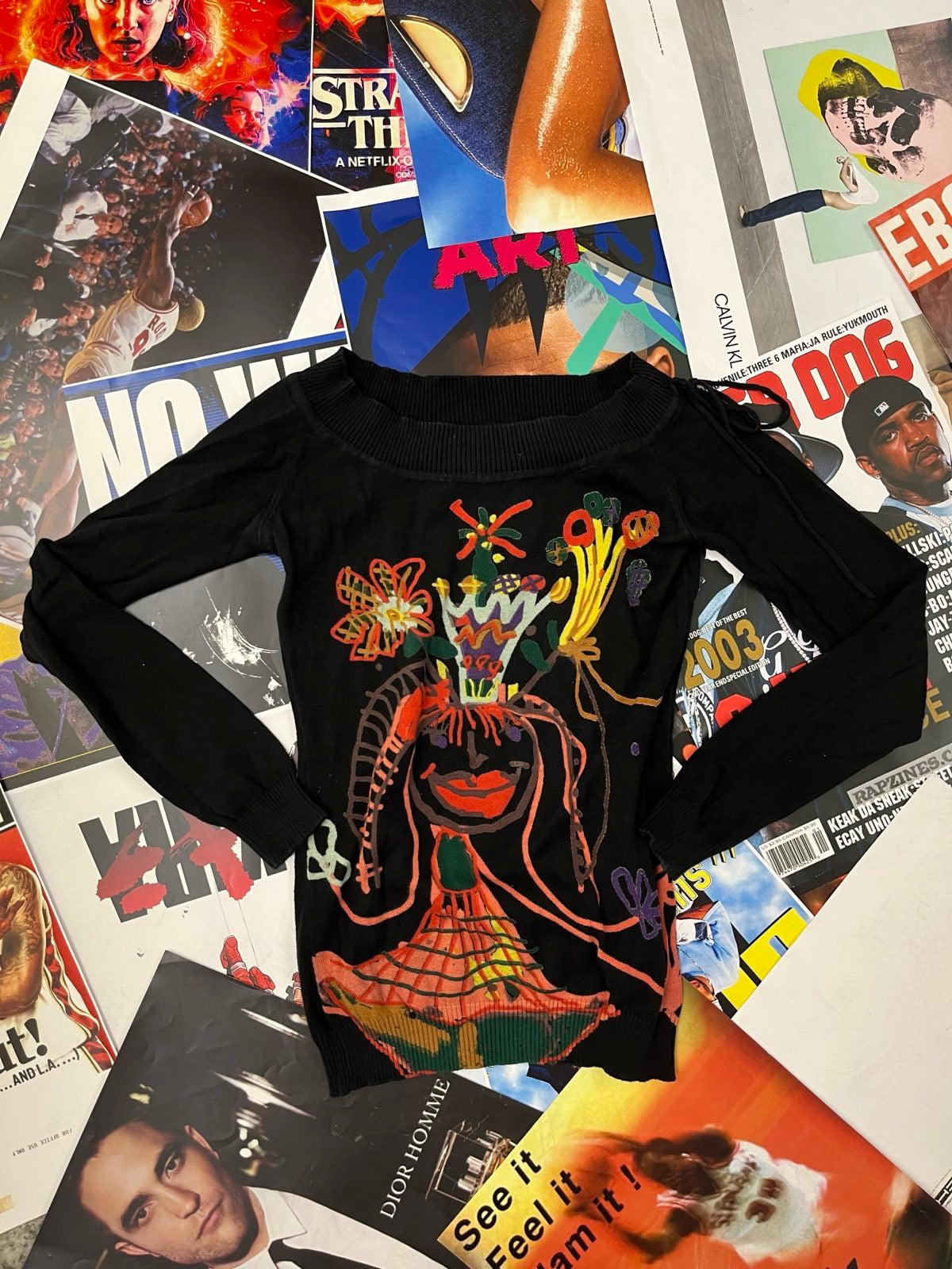 (S) Desigual SVETR dámský černý s barevným printem obličeje a květin