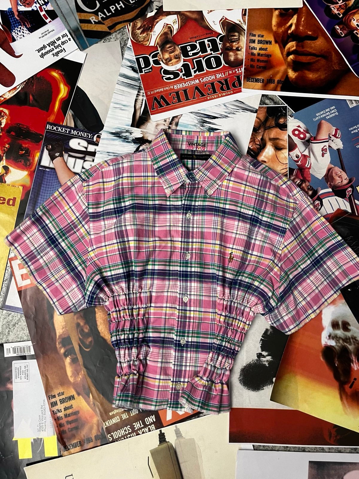 Reworked TOP s žabičkováním Ralph Lauren růžovo-modro-bílý kostičkovaný XL