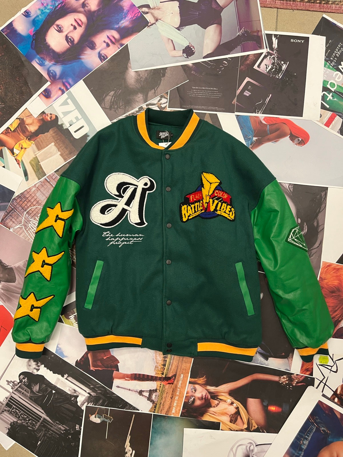 (L) SKATE PARK varsity jacket zeleno–žlutá s nášivkami