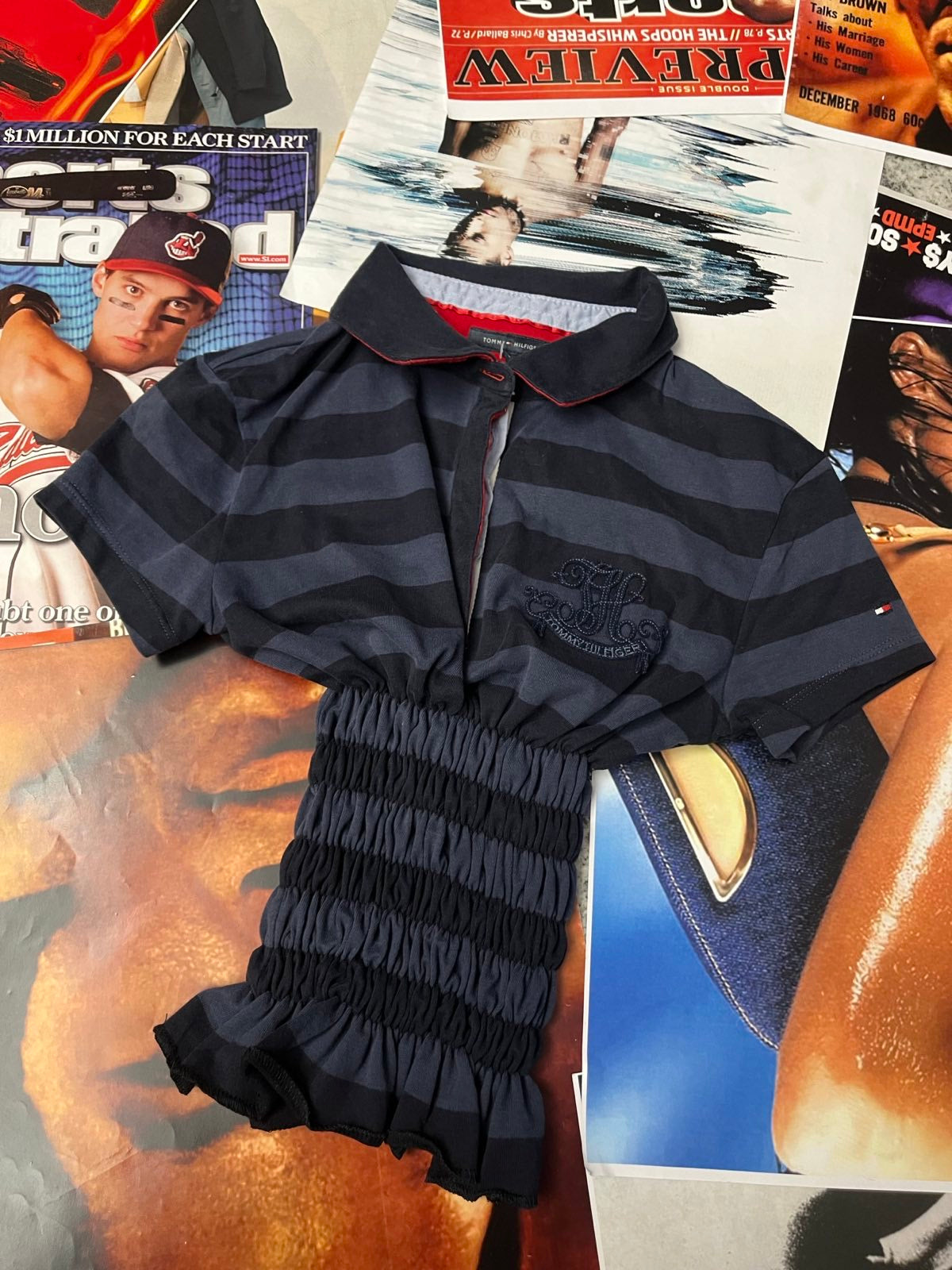 Reworked TOP s žabičkováním Tommy Hilfiger tmavě modrý pruhovaný s límečkem