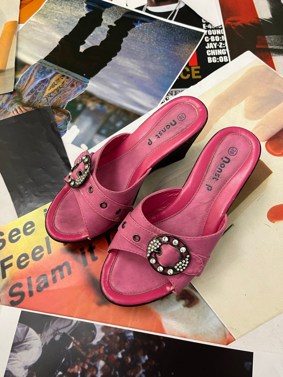 (38) Nonstop BOTY na podpatku růžové, stříbrné přezky s kamínky