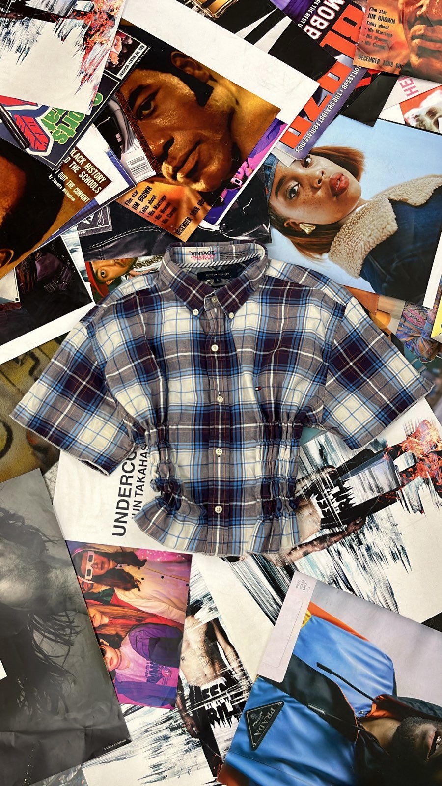 Reworked top Tommy Hilfiger modrý kostičkovaný s žabičkováním L