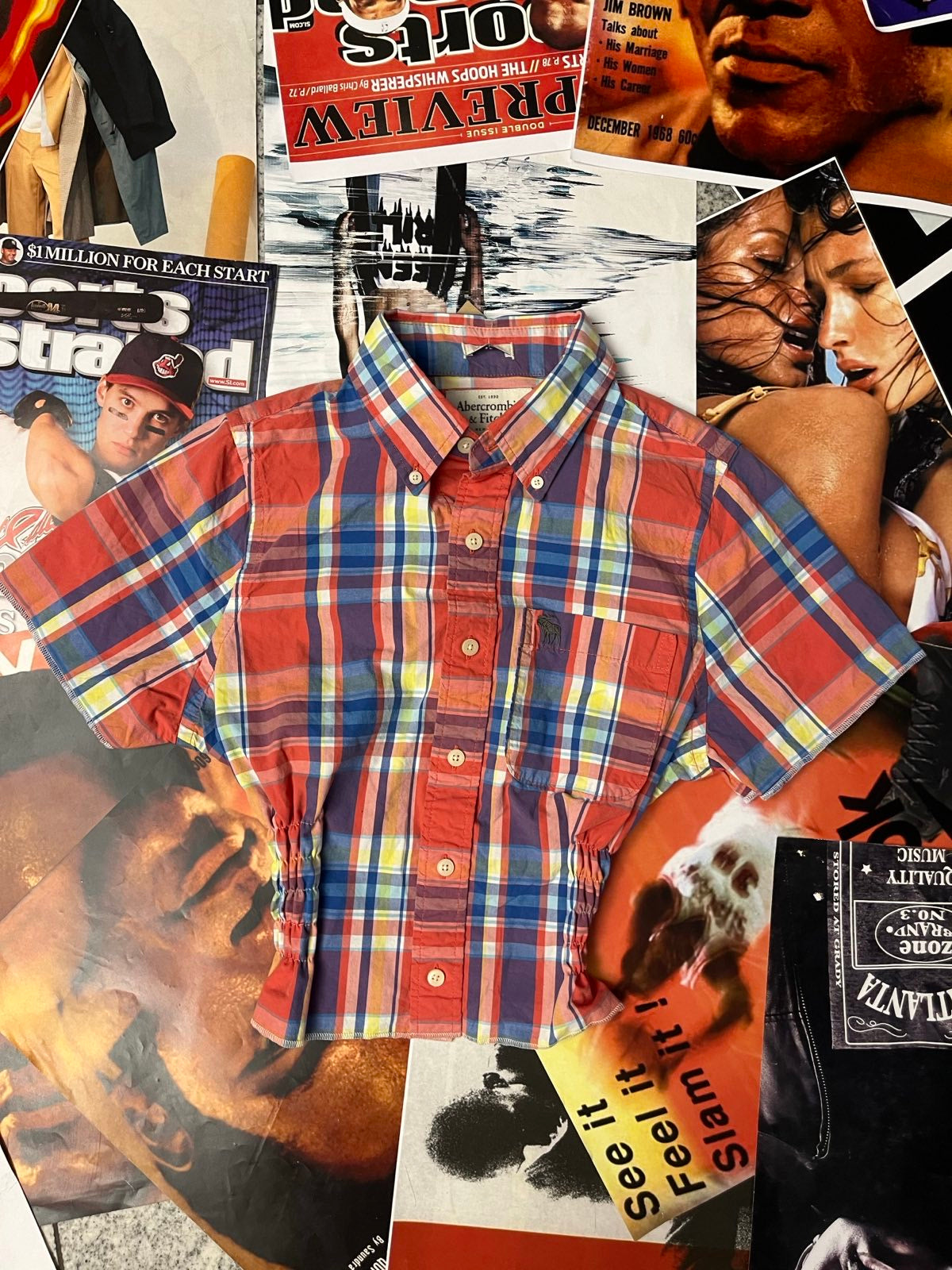 Reworked TOP s žabičkováním Abercrombie and Fitch cihlově červeno-modrý kostičkovaný