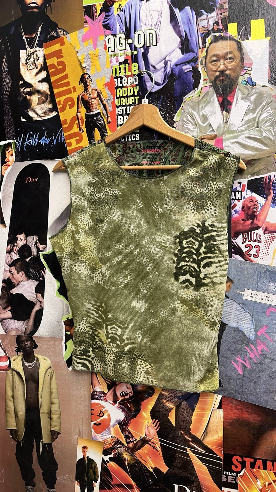 Reworked mesh top zelený přední strana zvířecí vzor a zadní květiny a ornamenty L