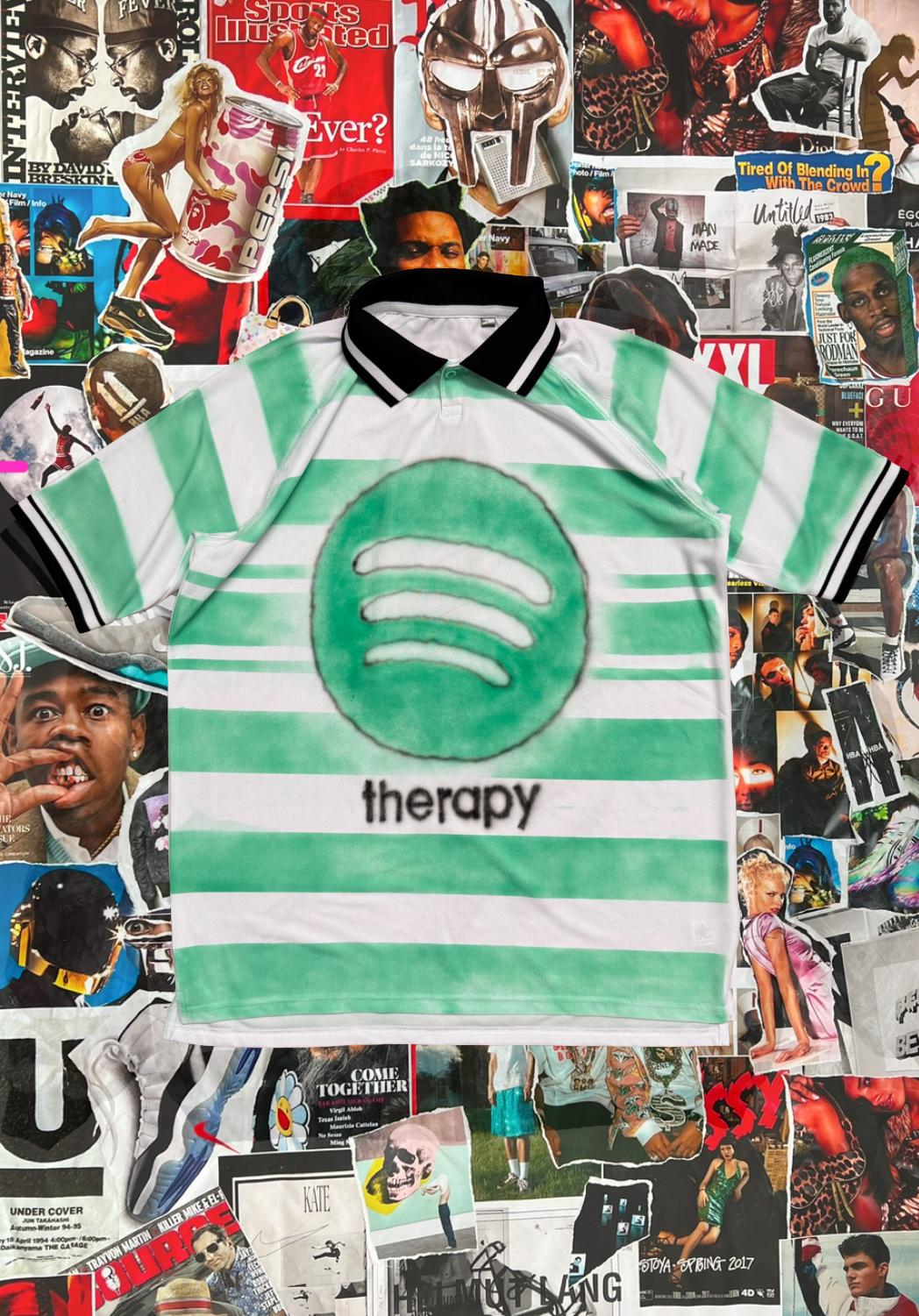 1of1 Therapy x Stepan Barton dres fotbalový bílý se zelenými pruhy a Spotify designem