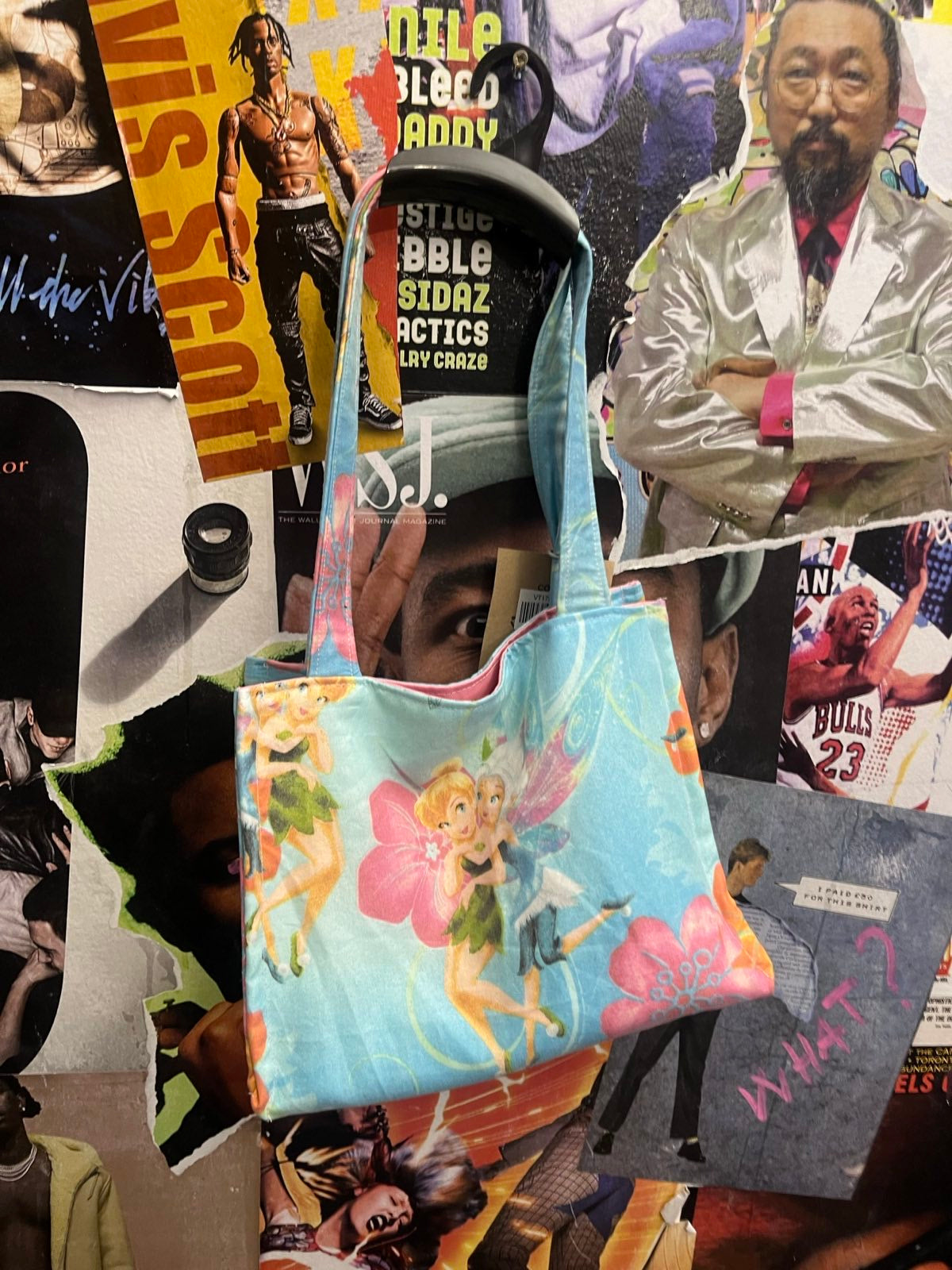 Reworked mini globus bag z povlečenís vílou Zvonilkou, světle modrý