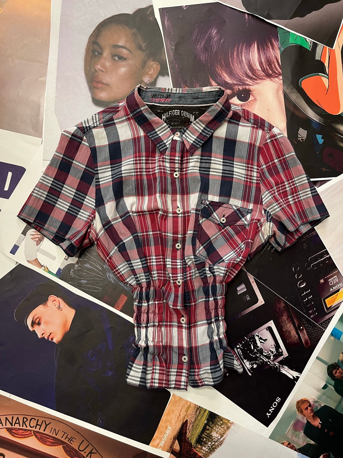 (L) Reworked žabičkový top kostkovaný červeno-modrý Hilfiger Jeans