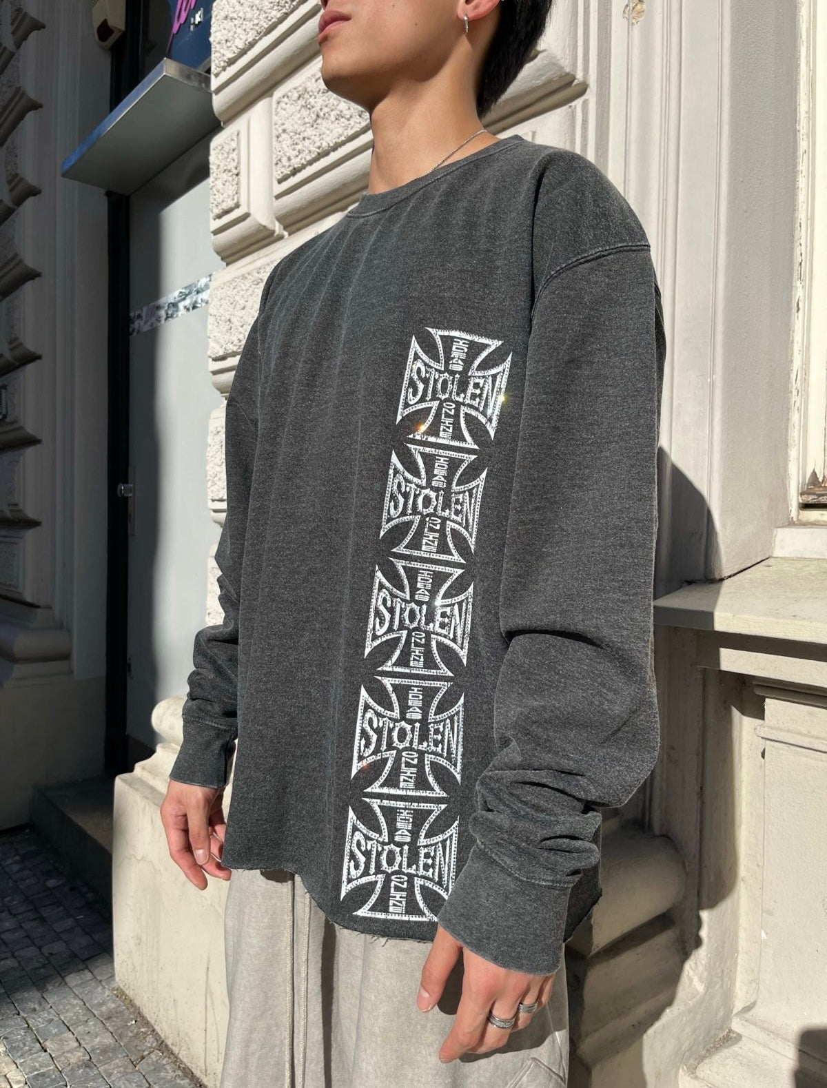 (XL) 1of1 CROPPED CREWNECK stonewashed šedý Westside Choppers rhinestones logo