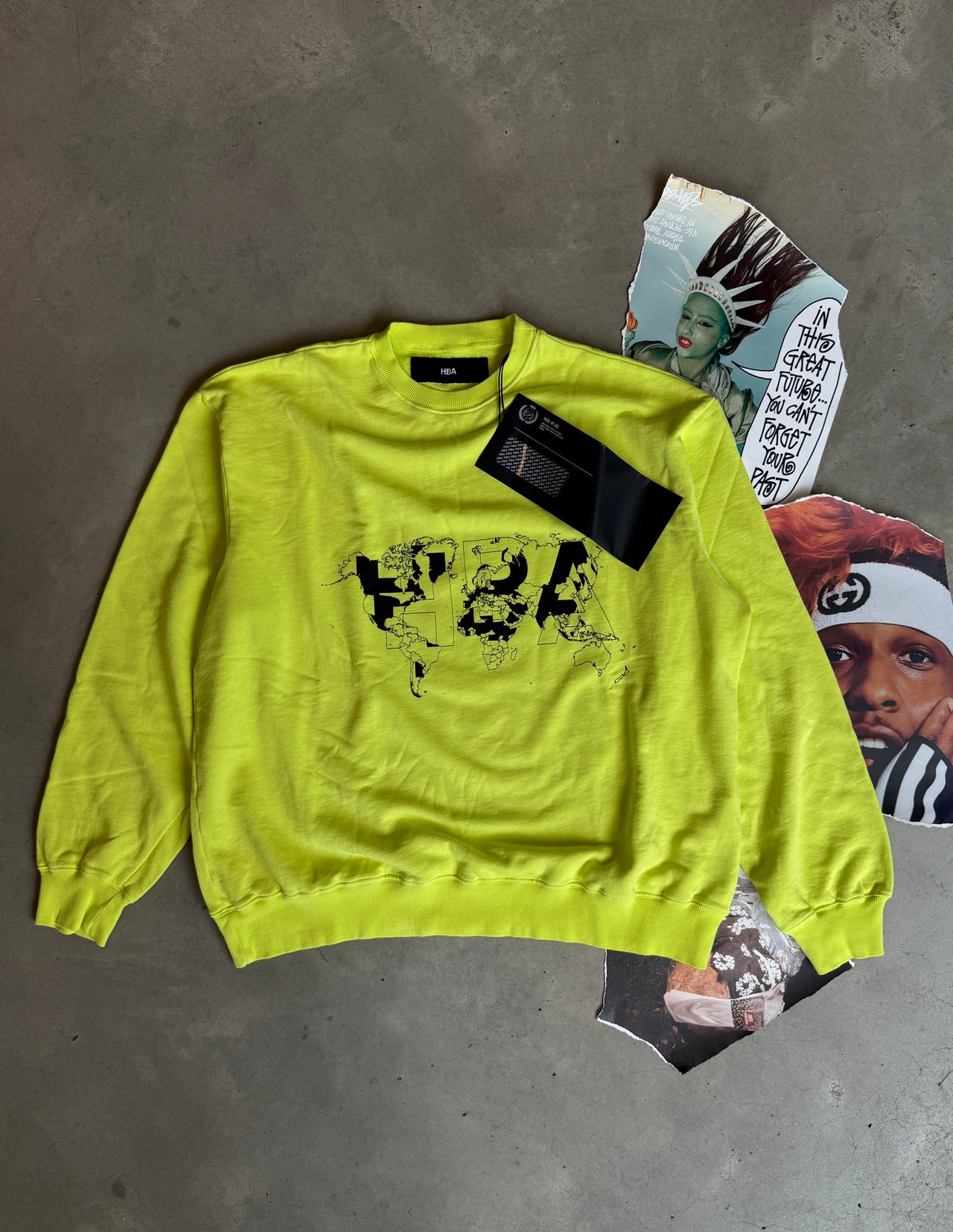 (L) HBA neonově zelený crewneck s HBA map printem