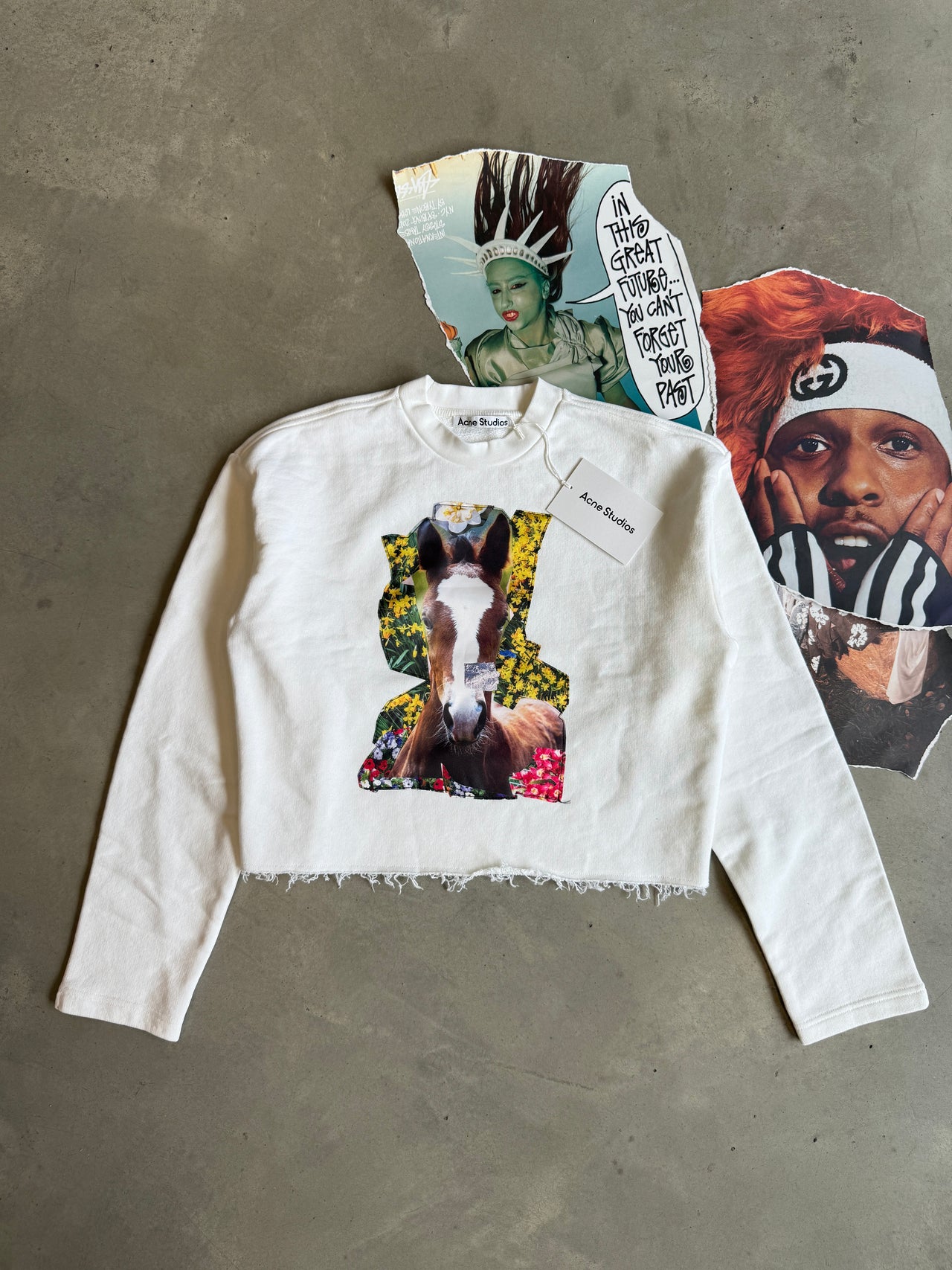 (XXS) ACNE STUDIOS cropped mikina s nášivkou koně bílá