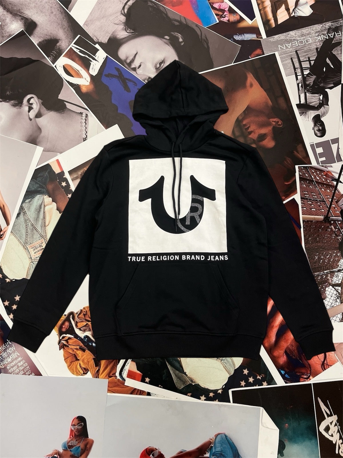 (M) True Religion černá mikina s kapucí logo print