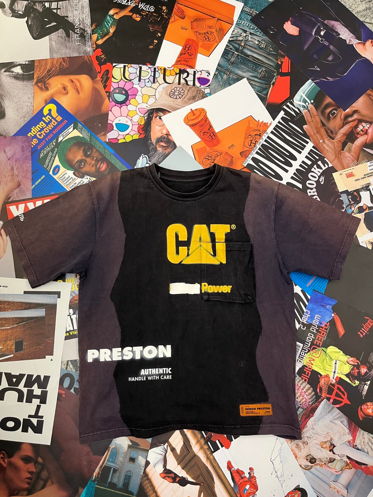 (XL) Heron Preston pánské triko fialovo-hnědé, žlutý nápis CAT Power