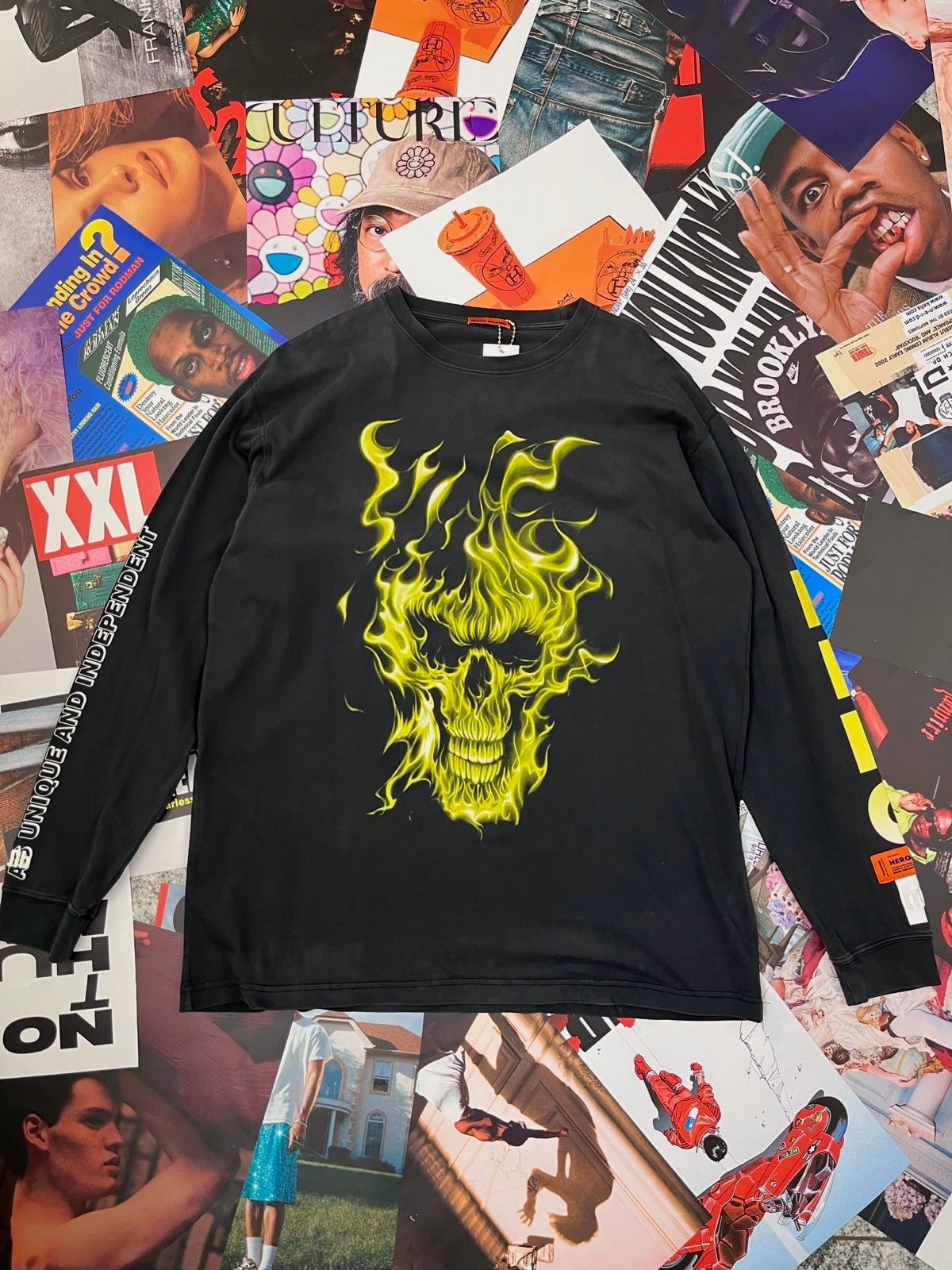 (M) Heron Preston černý longsleeve s potiskem žluté hořící lebky
