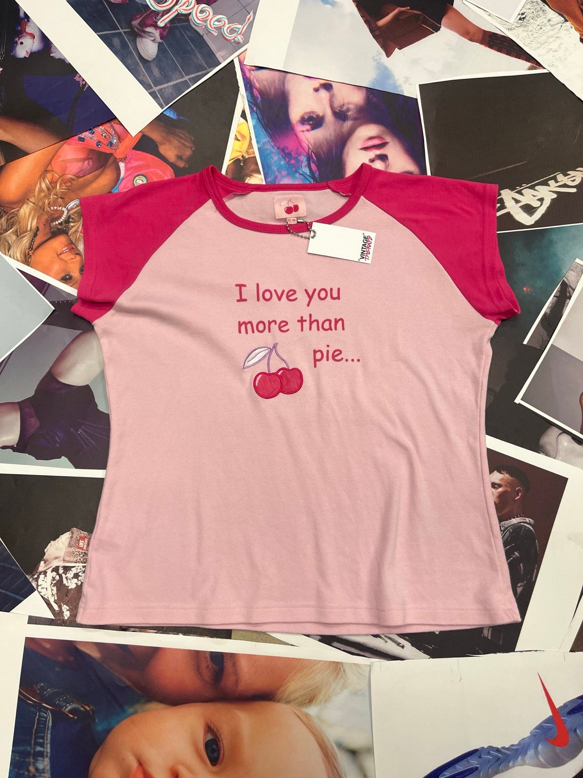 (L) cherry dámské růžové triko s nápisem "I love you more than pie..."