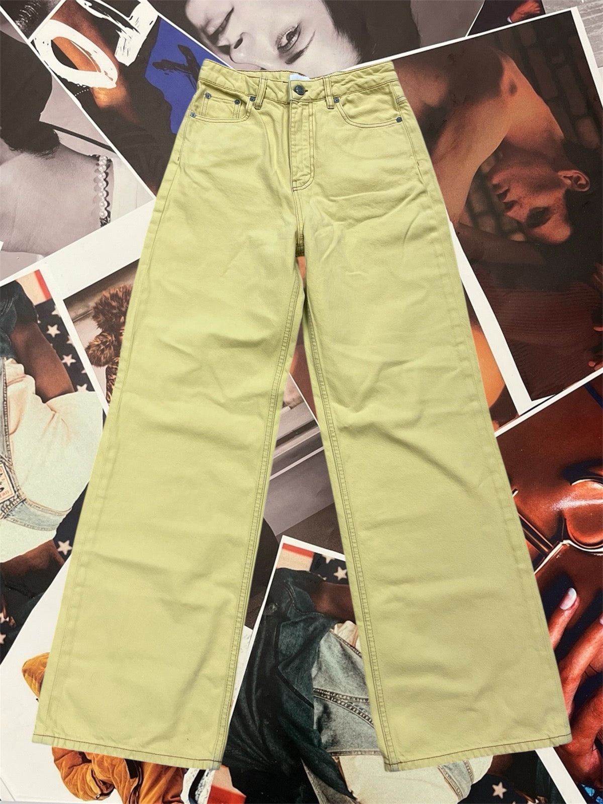 (M/L) GANNI butter yellow wide-leg jeans dámské s výšivkou na zadní kapse