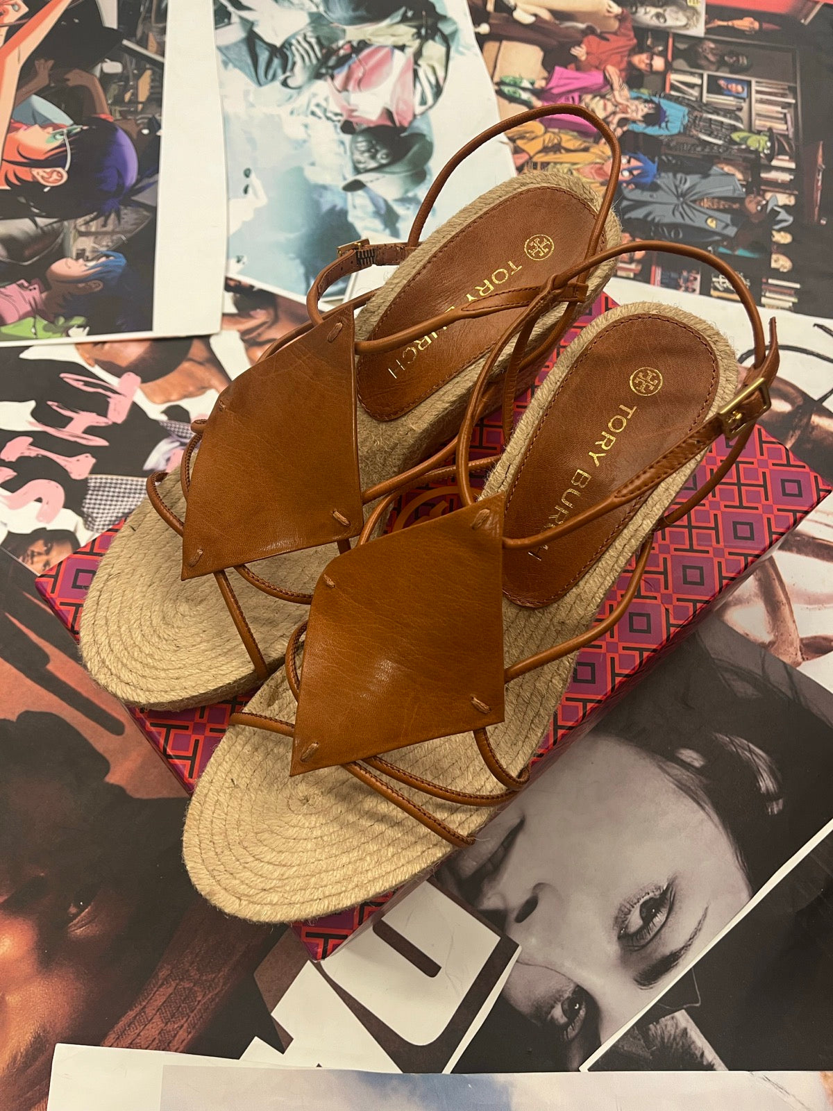 (41) Tory Burch hnědé kožené espadrilkové sandály na klínku